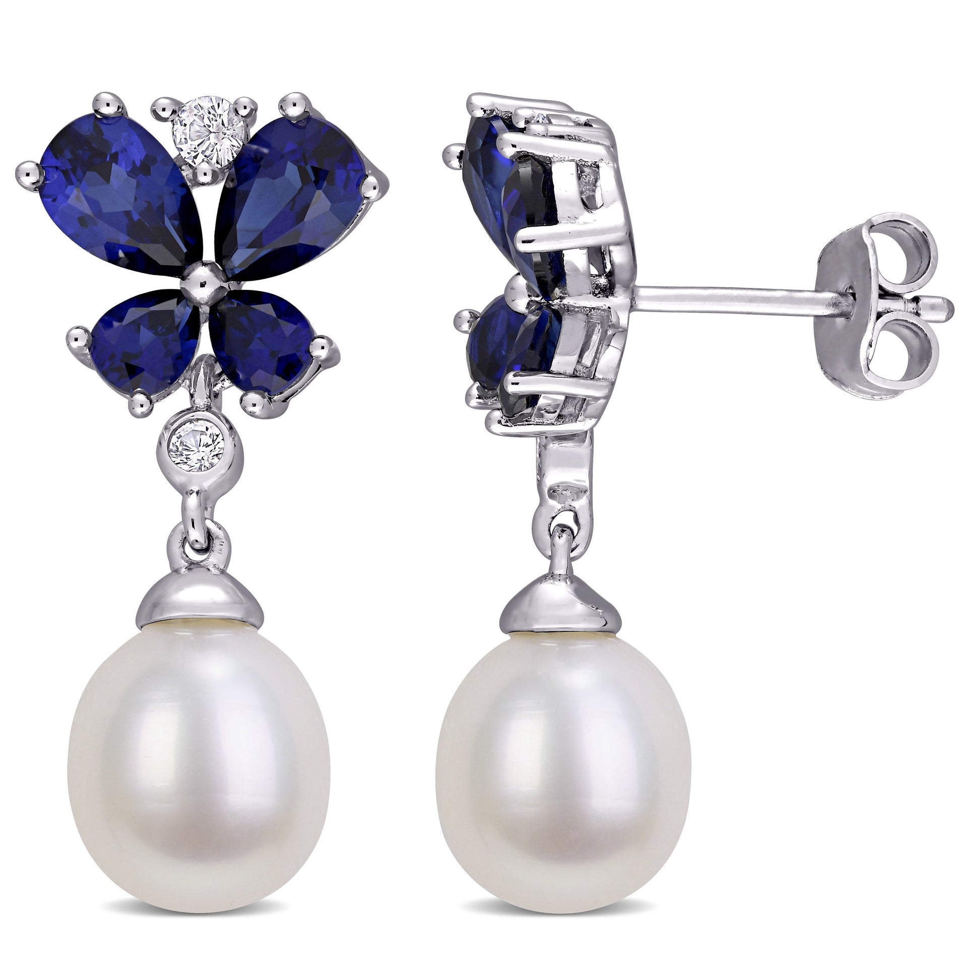 8-8.5mm Cultured Freshwater Pearl Created Blue & White Sapphire Butterfly Earrings in Sterling Silver