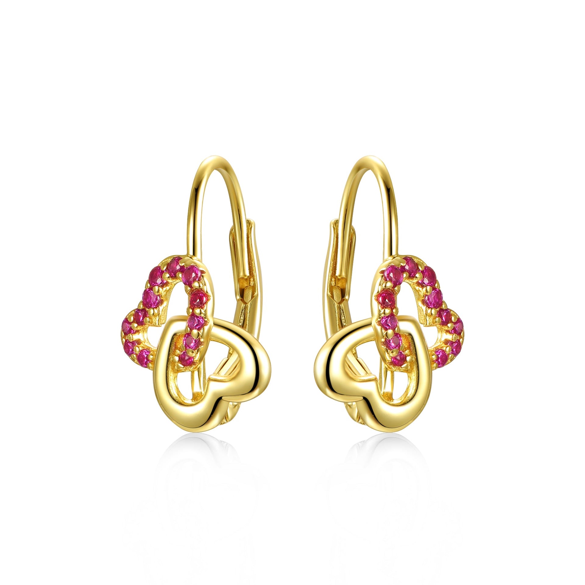 Ga Kids/teen Sterling Silver 14k Yellow Gold Plated With Ruby & Diamond Double Heart Halo Drop Leverback Earrings.