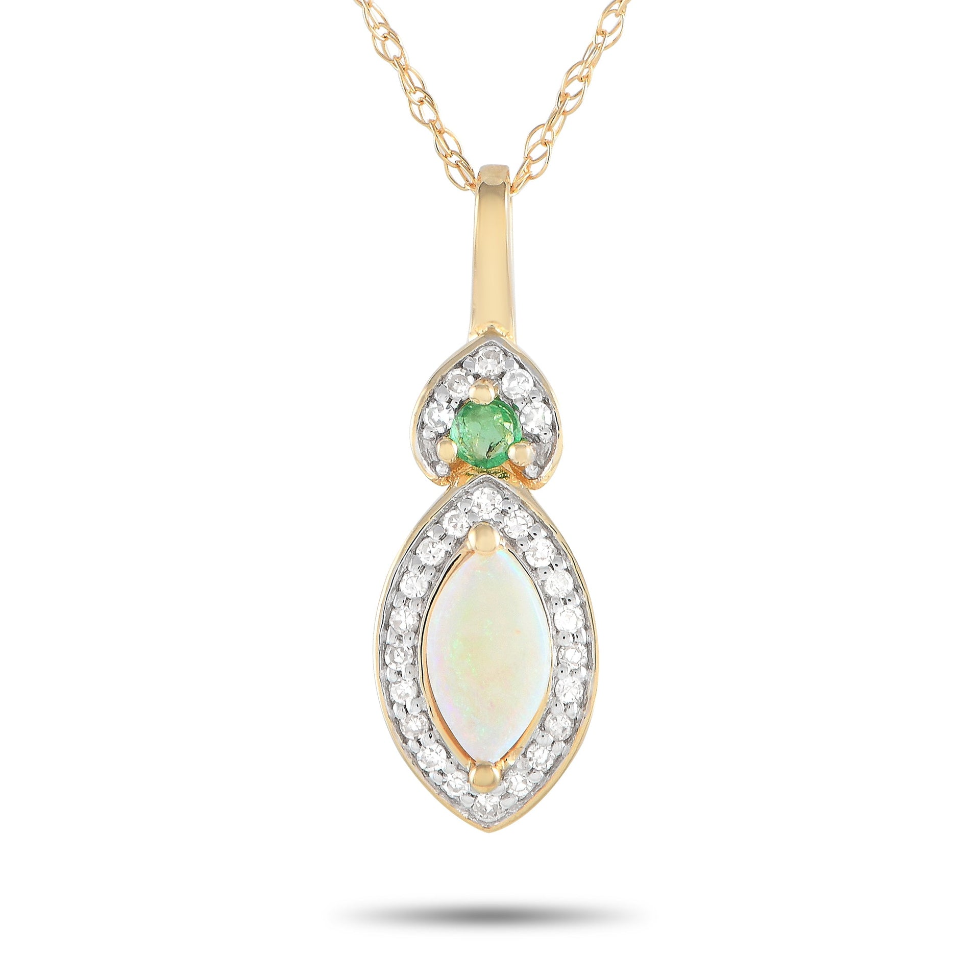 LB Exclusive 14K Yellow Gold 0.07ct Diamond, Opal, and Emerald Necklace PD4-16299YOPEM