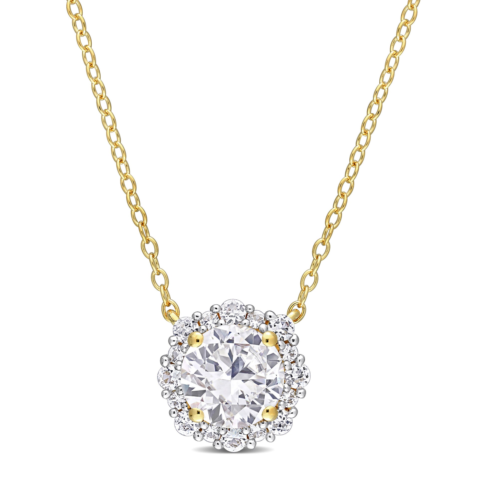 1 7/8 CT TGW Created White Sapphire Halo Necklace in Yellow Plated Sterling Silver