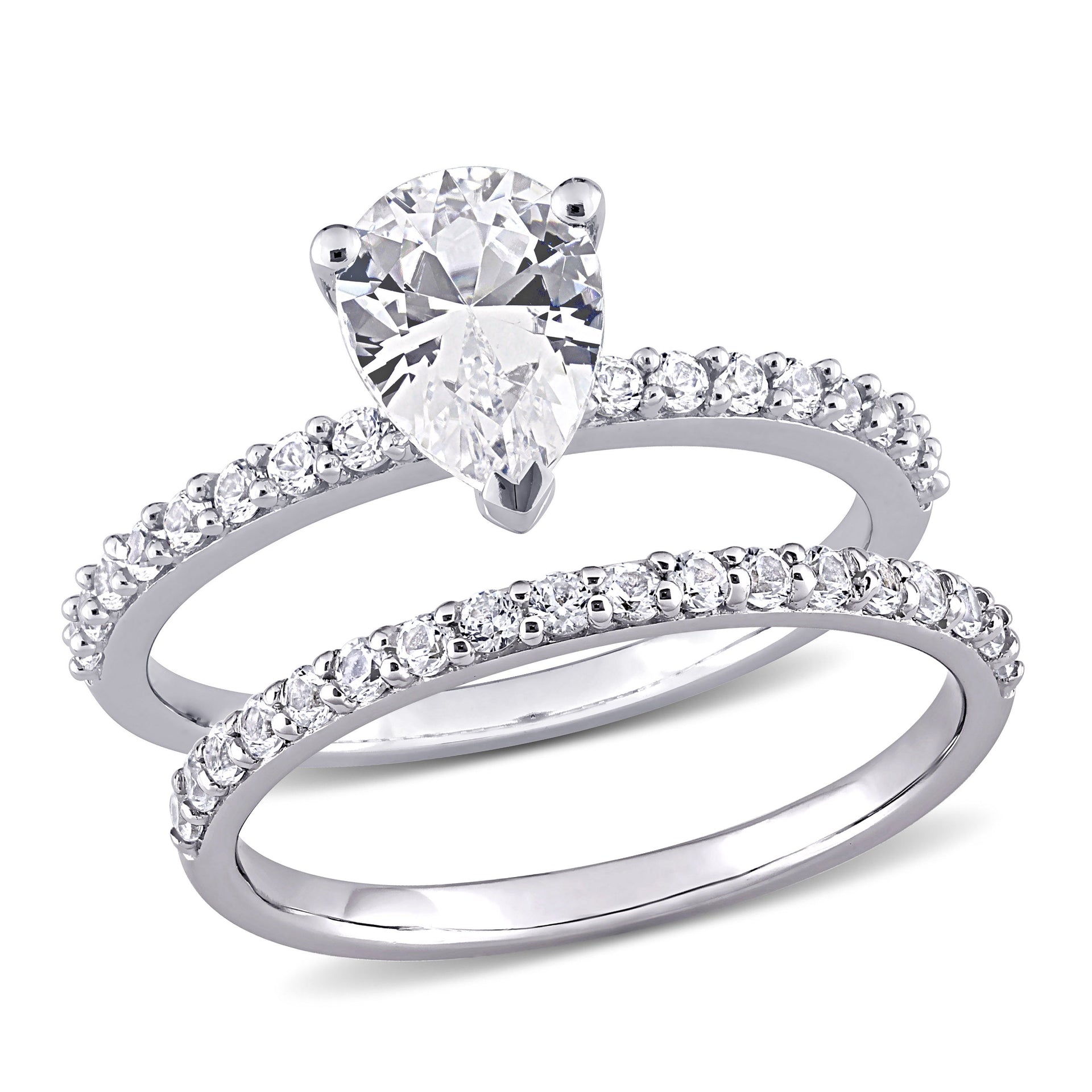 2 1/2 CT TGW Pear Cut Created White Sapphire Engagement Ring and Matching Eternity Ring 2pc Set in 10K White Gold