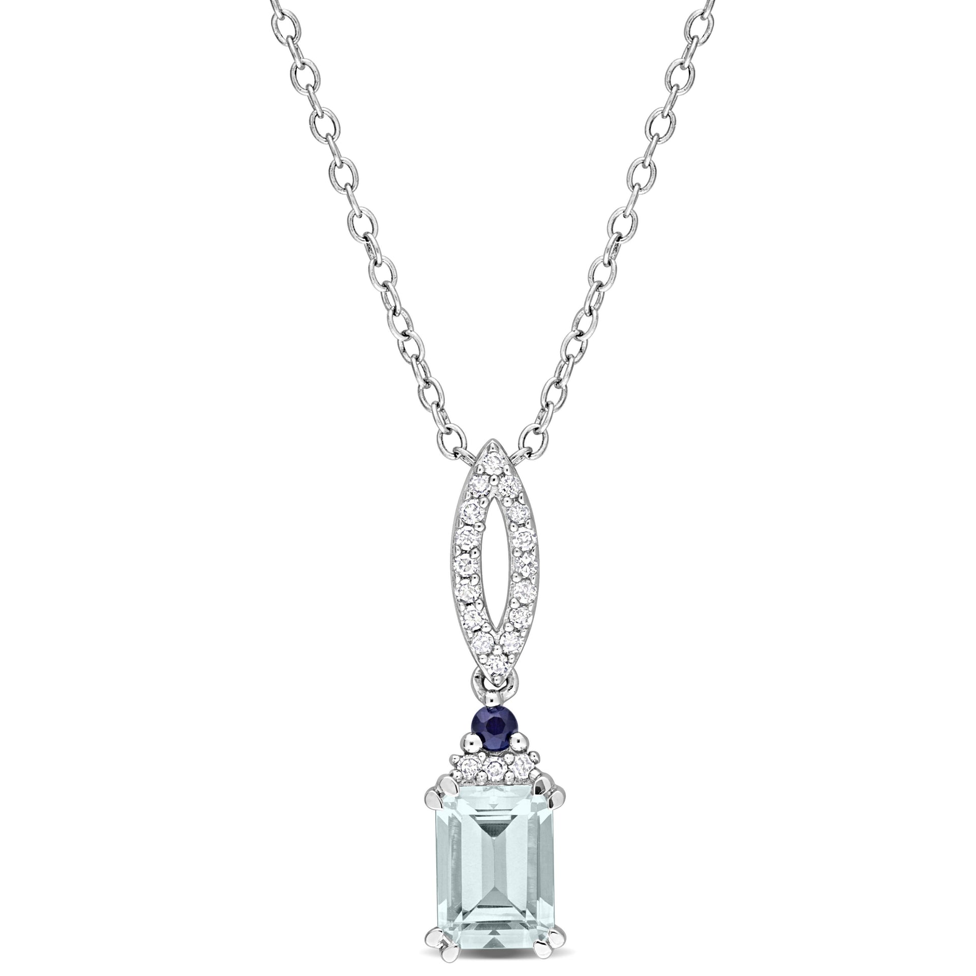Mimi & Max 1ct TGW Octagon Aquamarine Blue Sapphire and 1/10ct TDW Diamond Necklace in Sterling Silver
