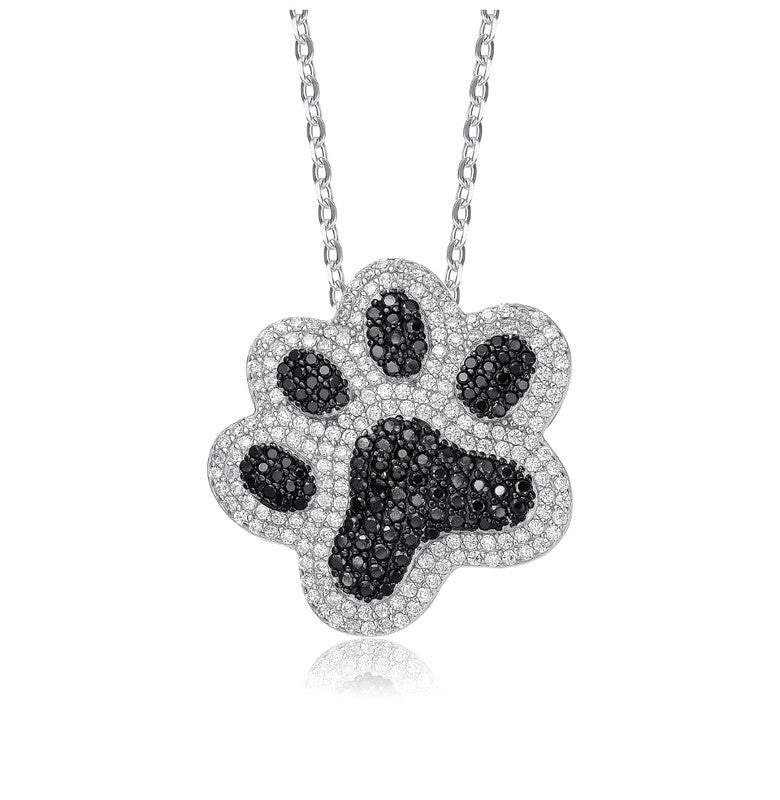 Sterling Silver Two-Tone with Black & White Cubic Zirconia Cat Dog Pet Paw Pendant Necklace