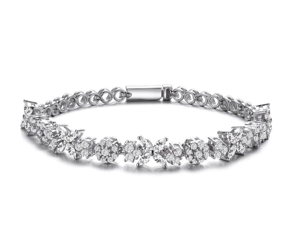 Sterling Silver White Gold Plating with Clear Round and Marquise Cubic Zirconia Cluster Flower-Inspired Tennis Bracelet