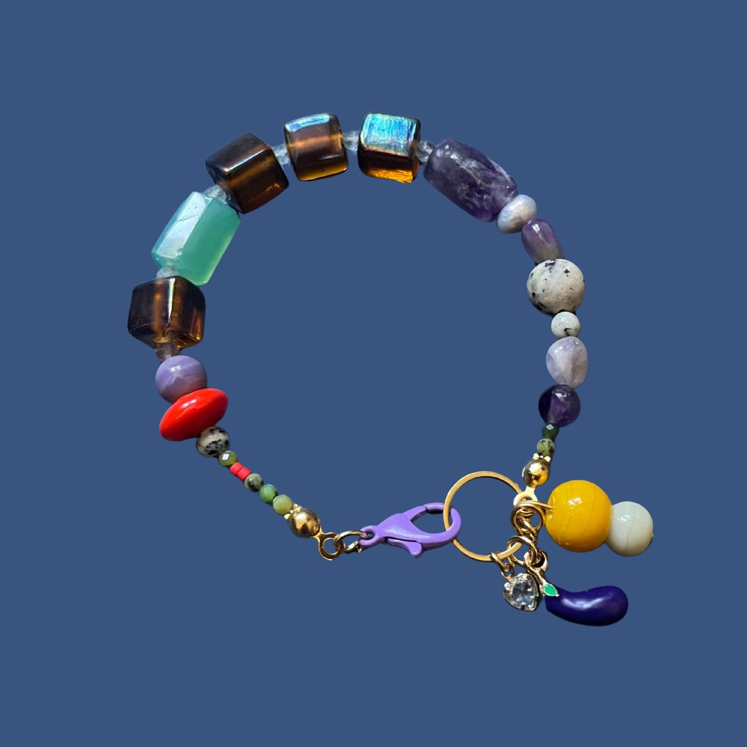 Baba Ghanoush – Handmade Eggplant Charm Bracelet With Gemstones, Glass & Pearl