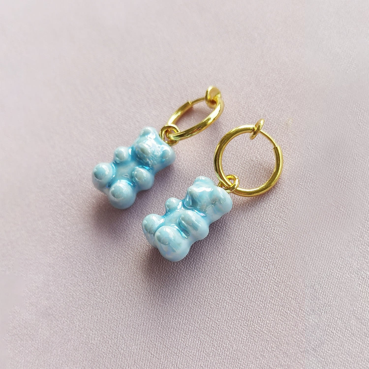 Baby Blue Porcelain Gummy Bear Clip On Earrings