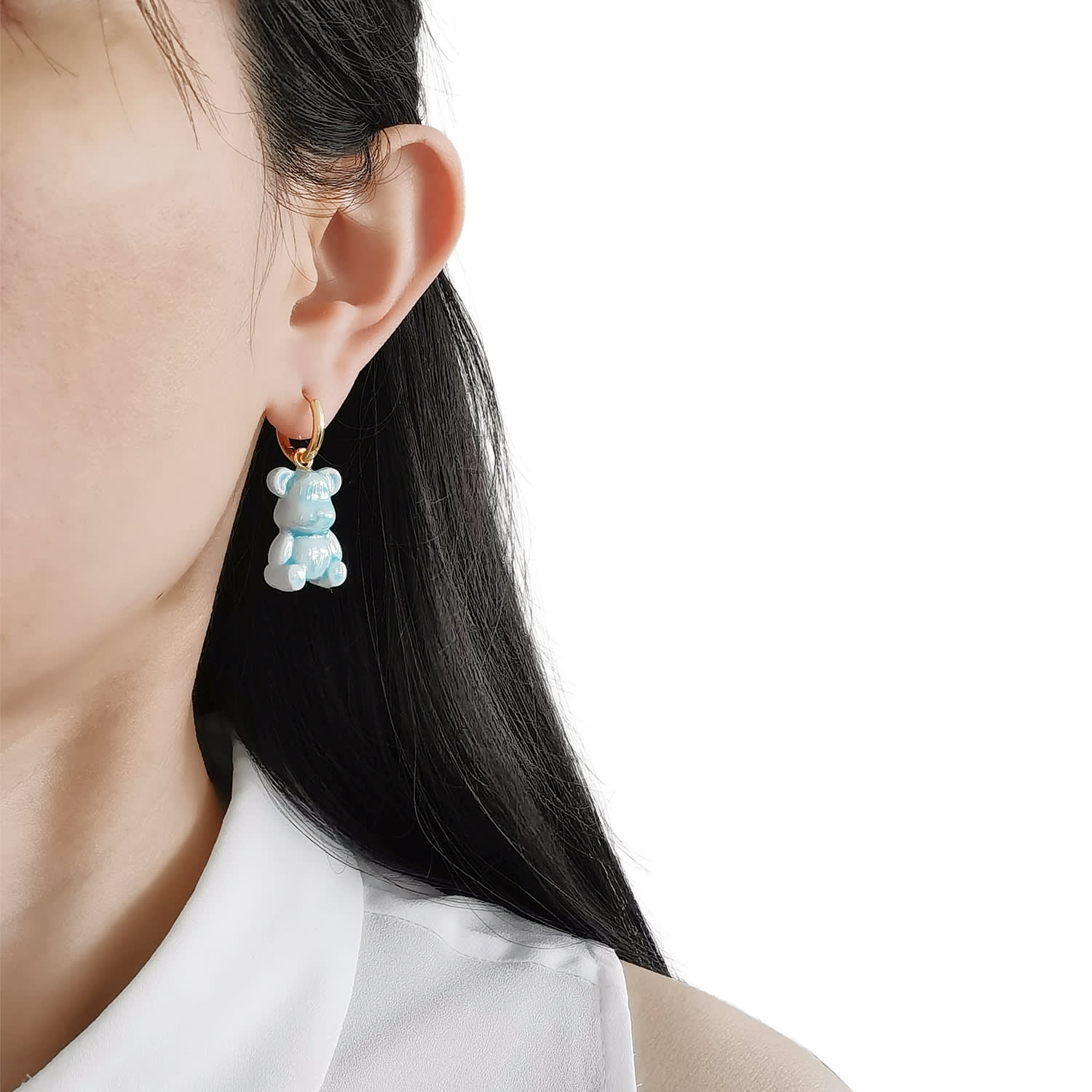 Baby Blue Porcelain Teddy Bear Clip On Earrings