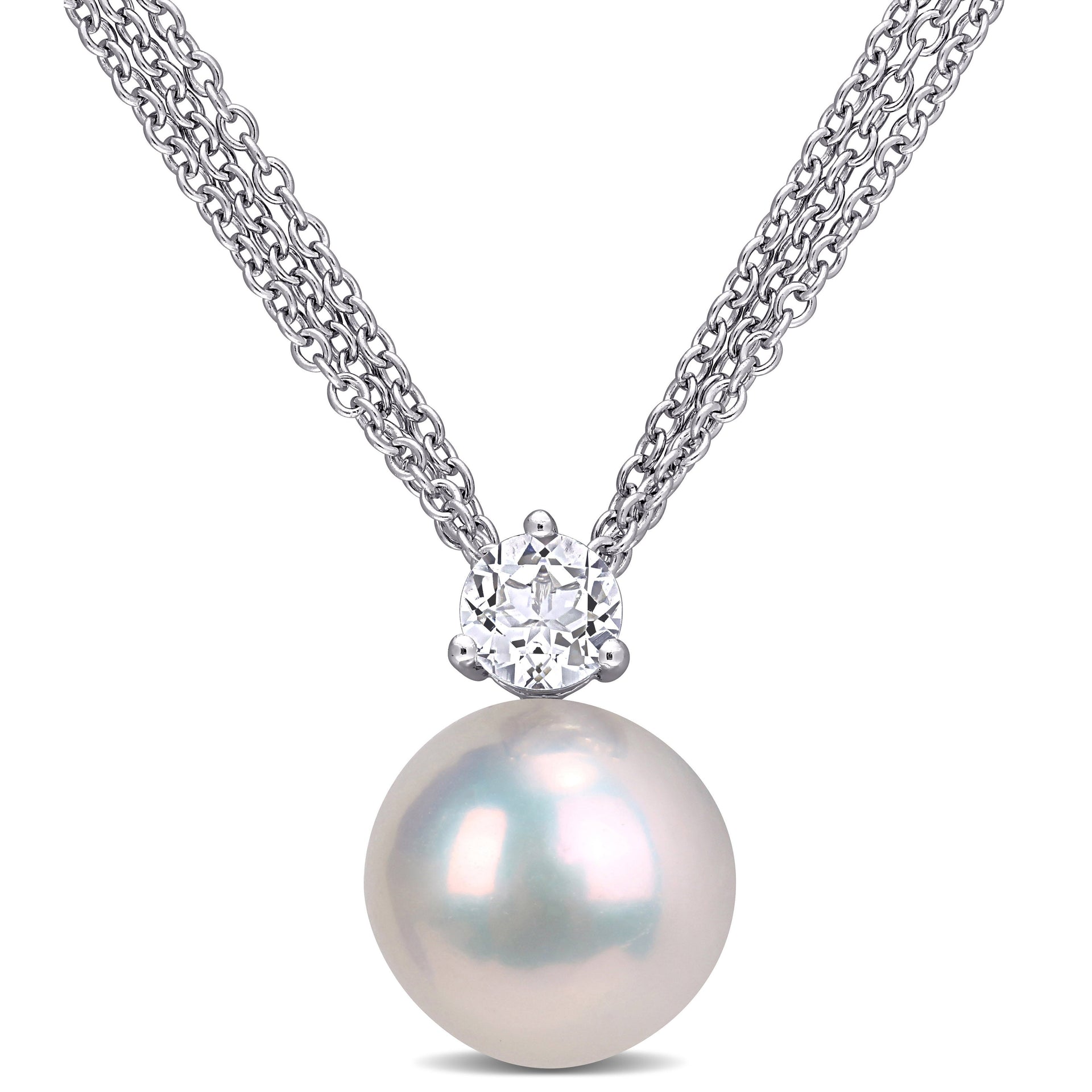 11-12mm Cultured Freshwater Pearl and 5/8 ct TW White Topaz Necklace in Sterling Silver