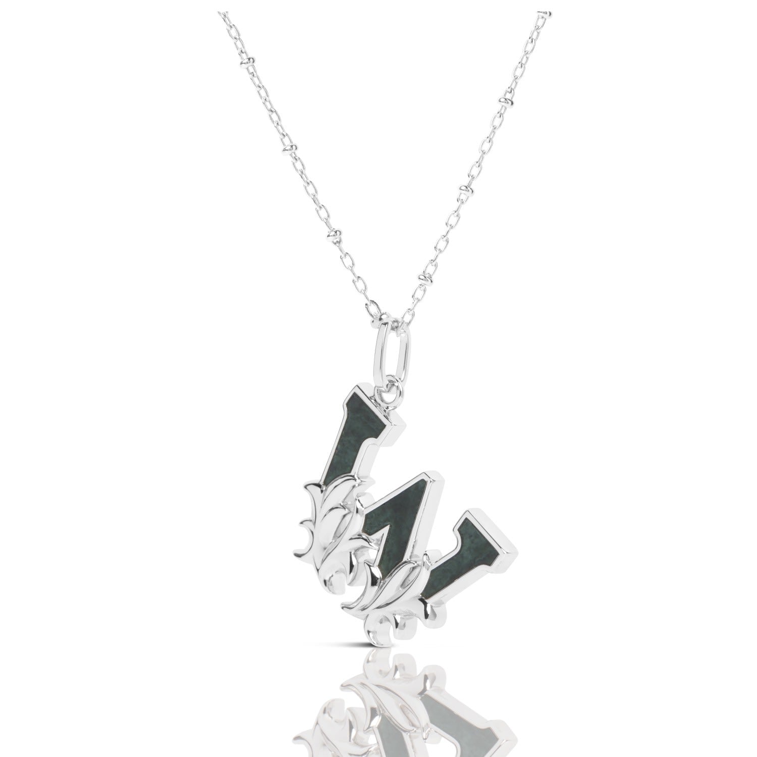 Solid Silver W Initial Necklace With Green Marble
