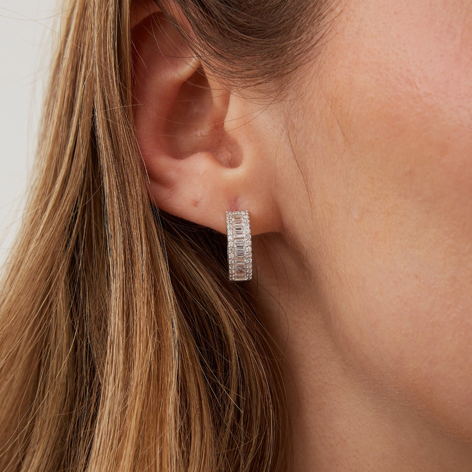 Baguette Cubic Zirconia Sterling Silver Pave Hoop Earring