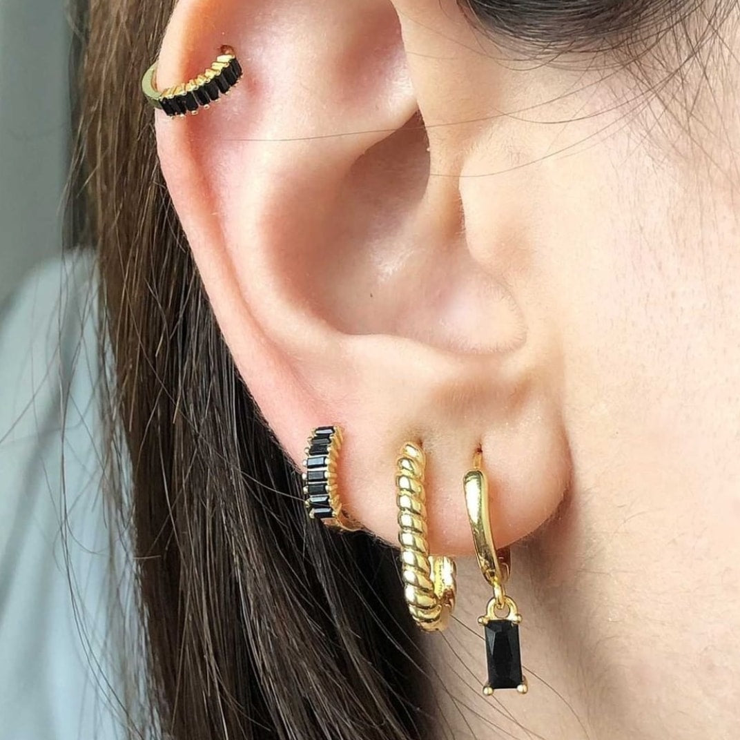 Baguette Cut Onyx Huggie Earrings