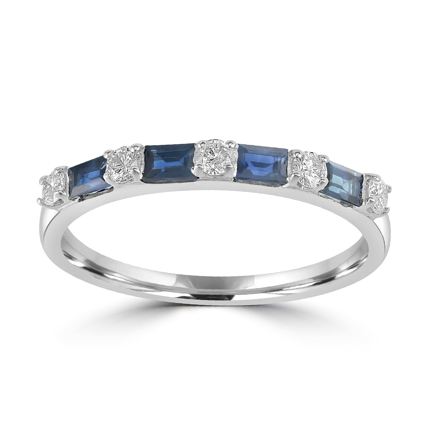 Baguette Cut Blue Sapphire Prong Diamond Band Ring In White Gold