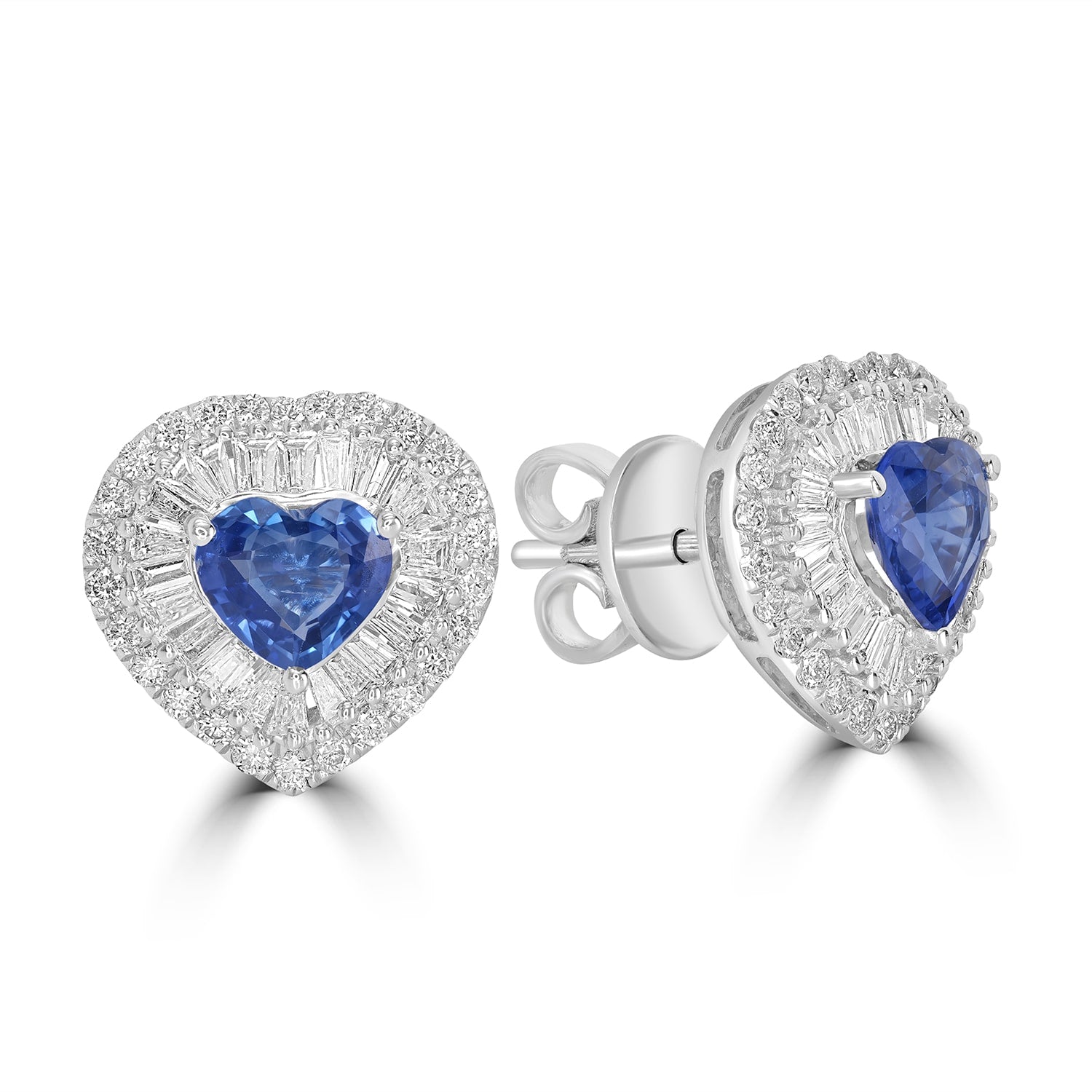 Baguette Cut Diamond & Blue Sapphire Heart Stud Earrings In White Gold