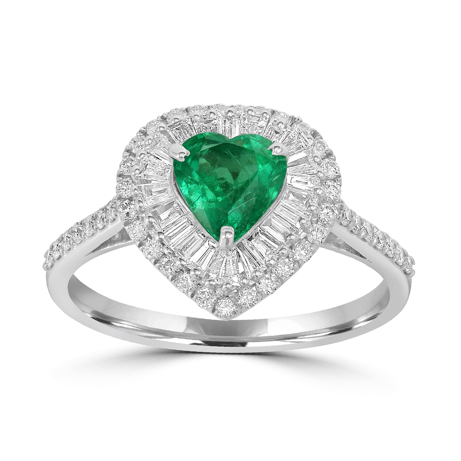 Baguette Cut Diamond & Emerald Heart Cocktail Ring In White Gold