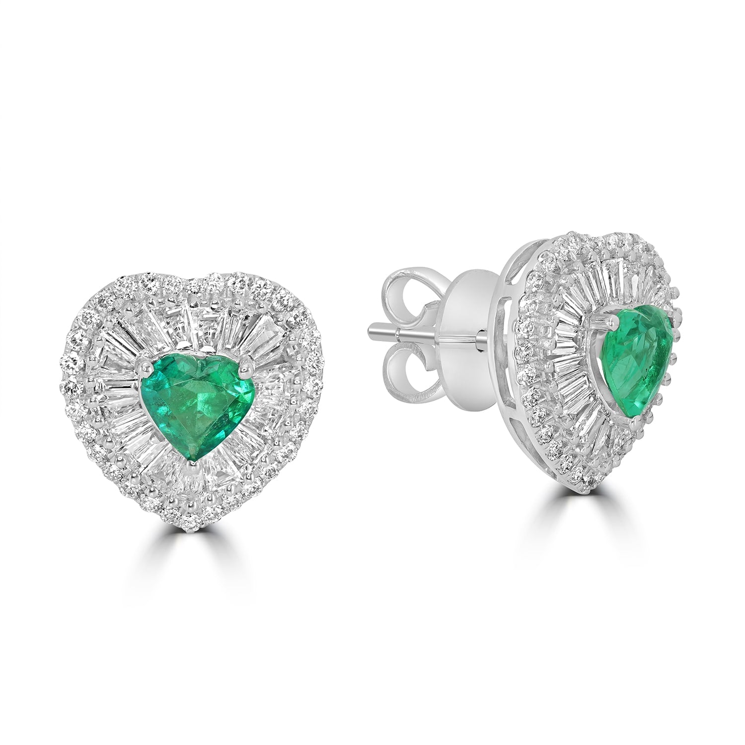Baguette Cut Diamond & Emerald Heart Stud Earrings In White Gold