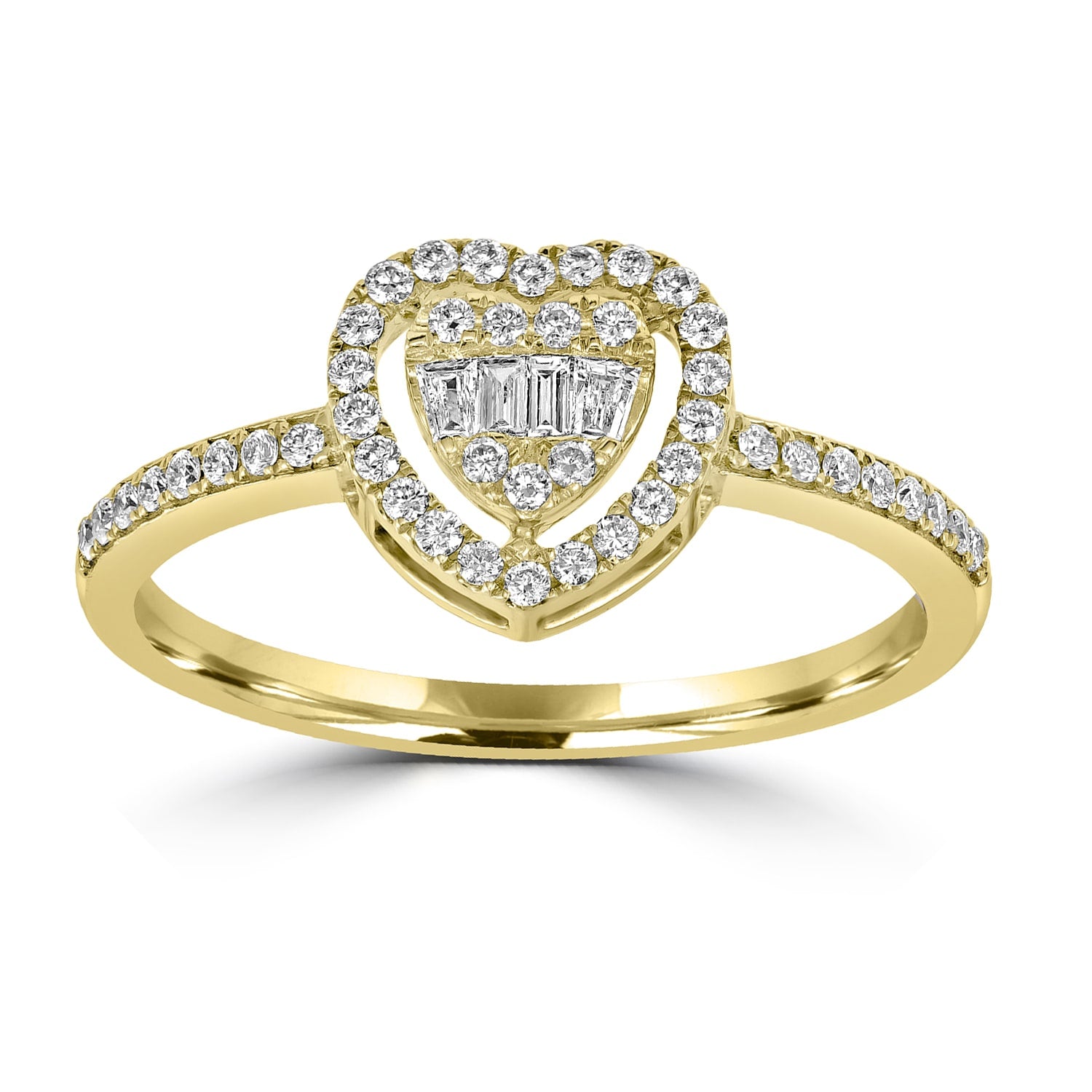 Baguette Cut Diamond Heart Ring In Yellow Gold