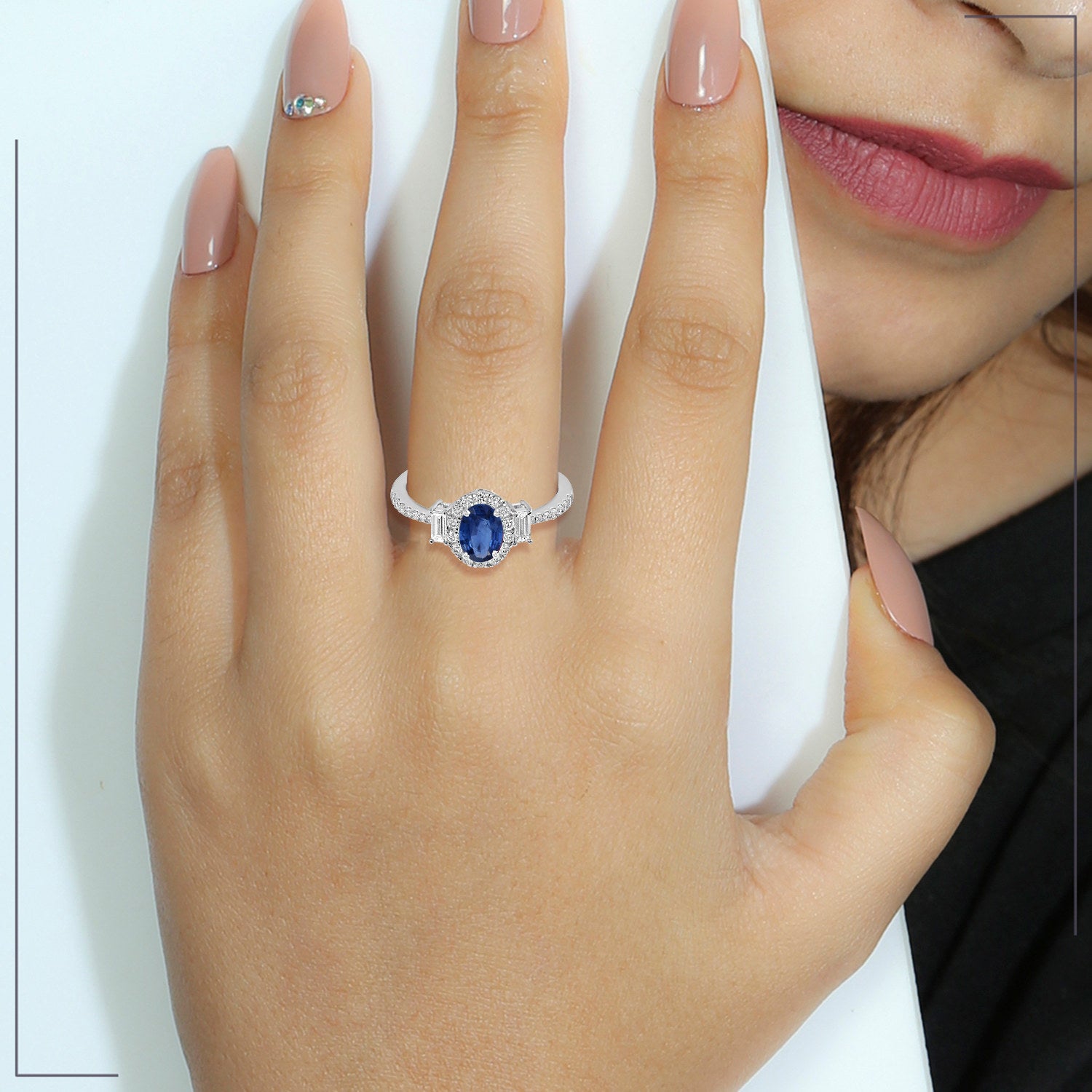 Baguette Cut Diamond & Oval Blue Sapphire Designer Ring In White Gold