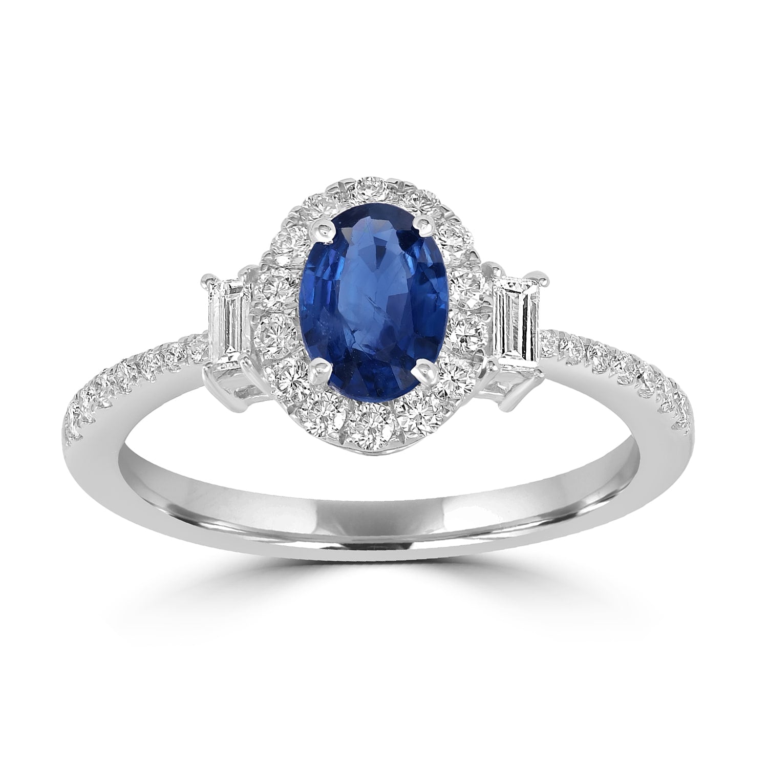 Baguette Cut Diamond & Oval Blue Sapphire Designer Ring In White Gold