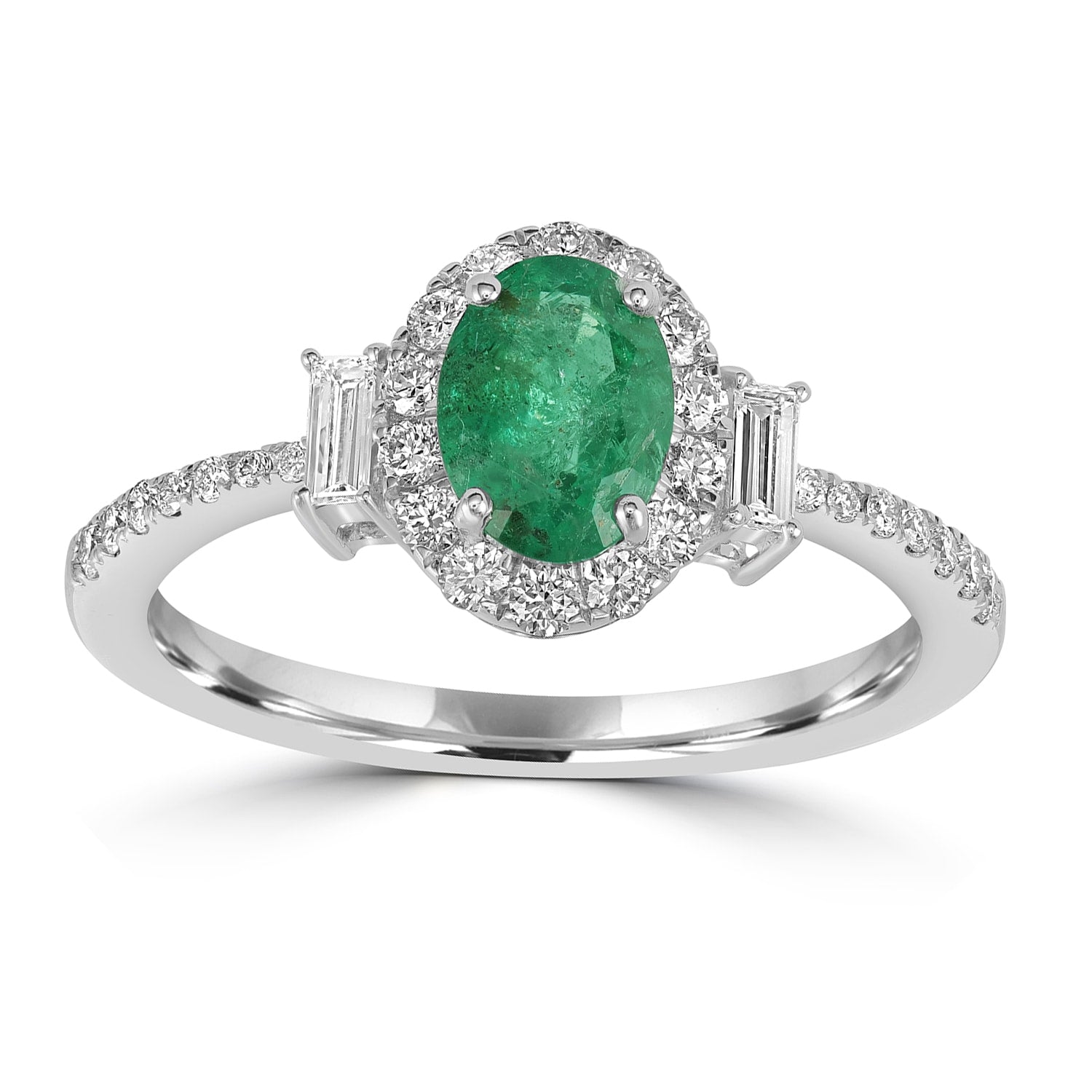 Baguette Cut Diamond & Oval Emerald Designer Ring In White Gold
