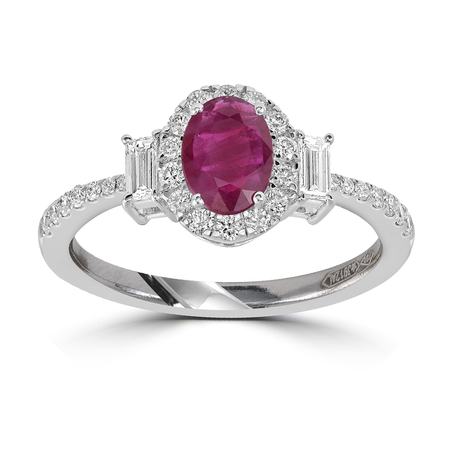 Baguette Cut Diamond & Oval Ruby Designer Ring In White Gold
