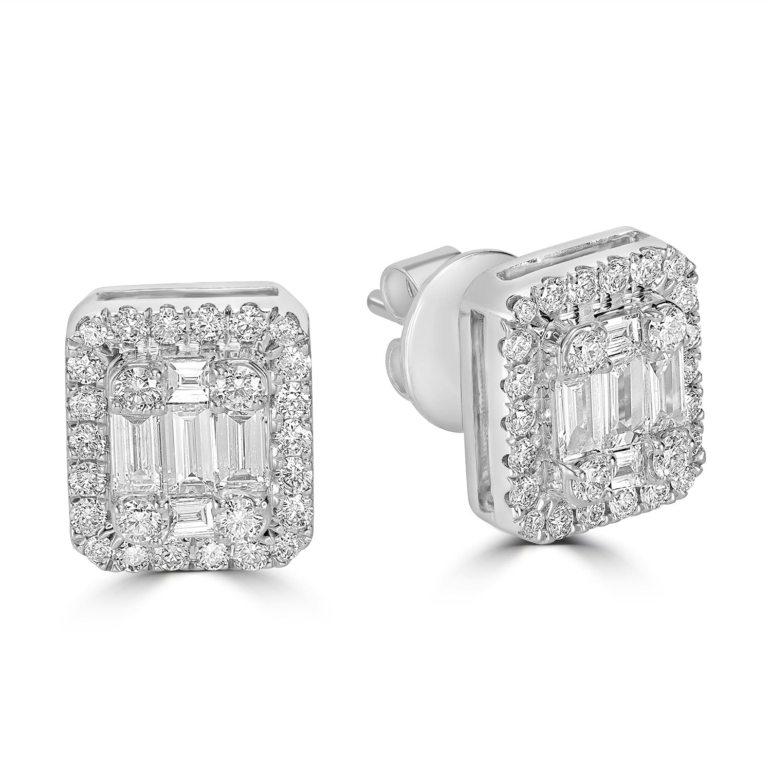 Baguette Cut Diamond Square Stud Earrings In White Gold