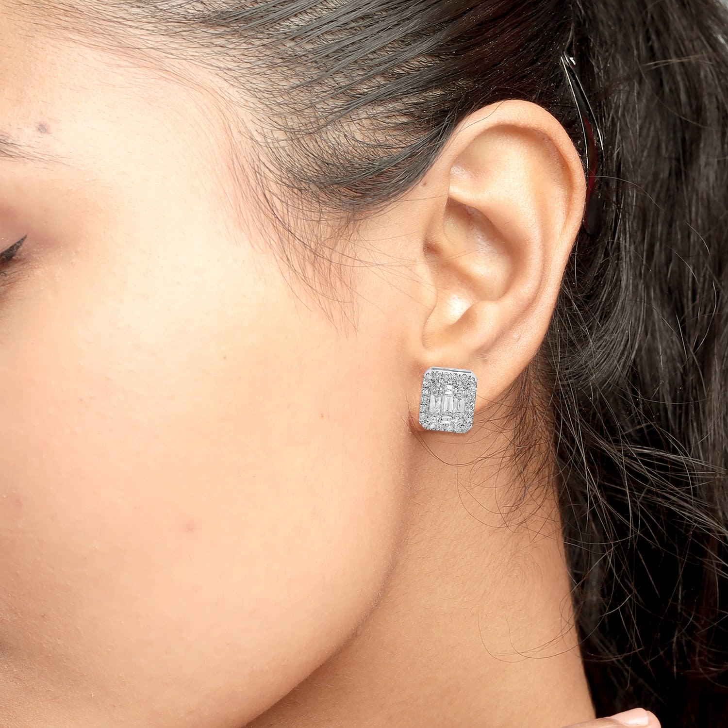 Baguette Cut Diamond Square Stud Earrings In White Gold