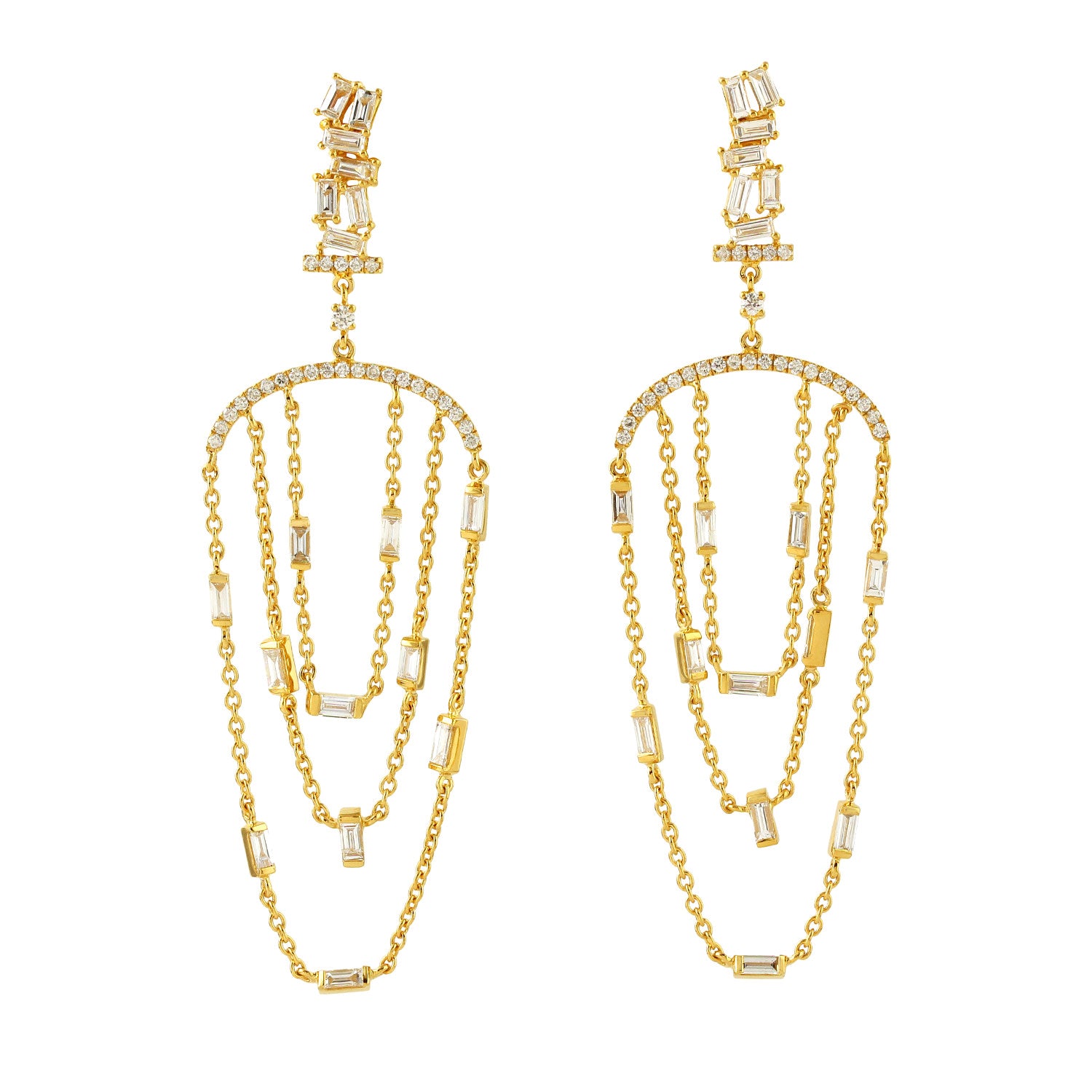 Baguette Cut Diamond Three Layer Chandelier Earrings In 18K Yellow Gold
