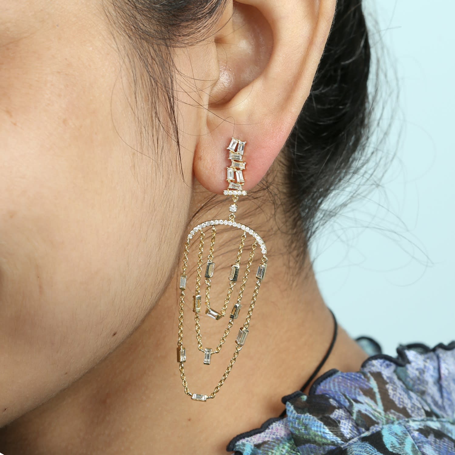 Baguette Cut Diamond Three Layer Chandelier Earrings In 18K Yellow Gold