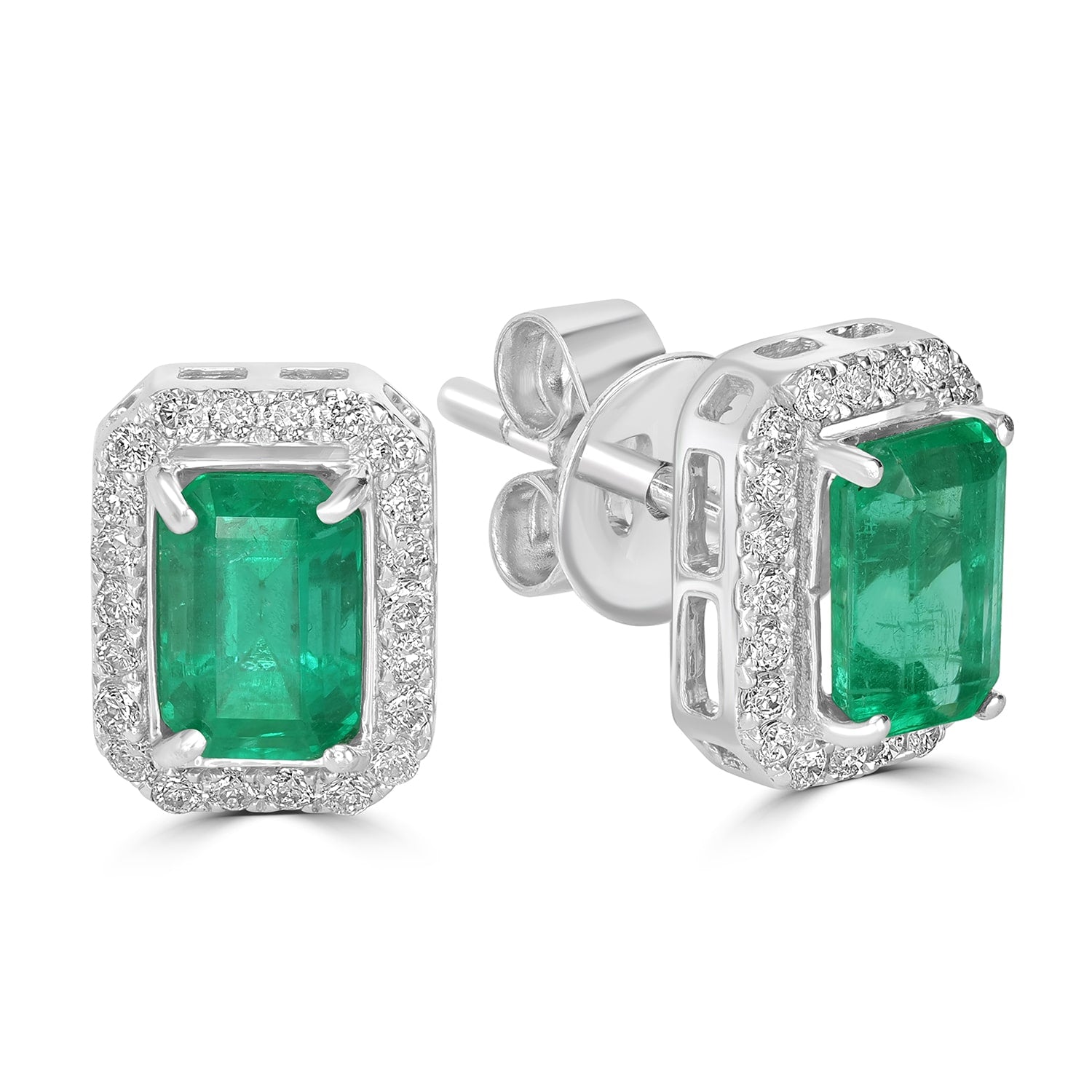Baguette Cut Emerald & Diamond Stud Earrings In White Gold