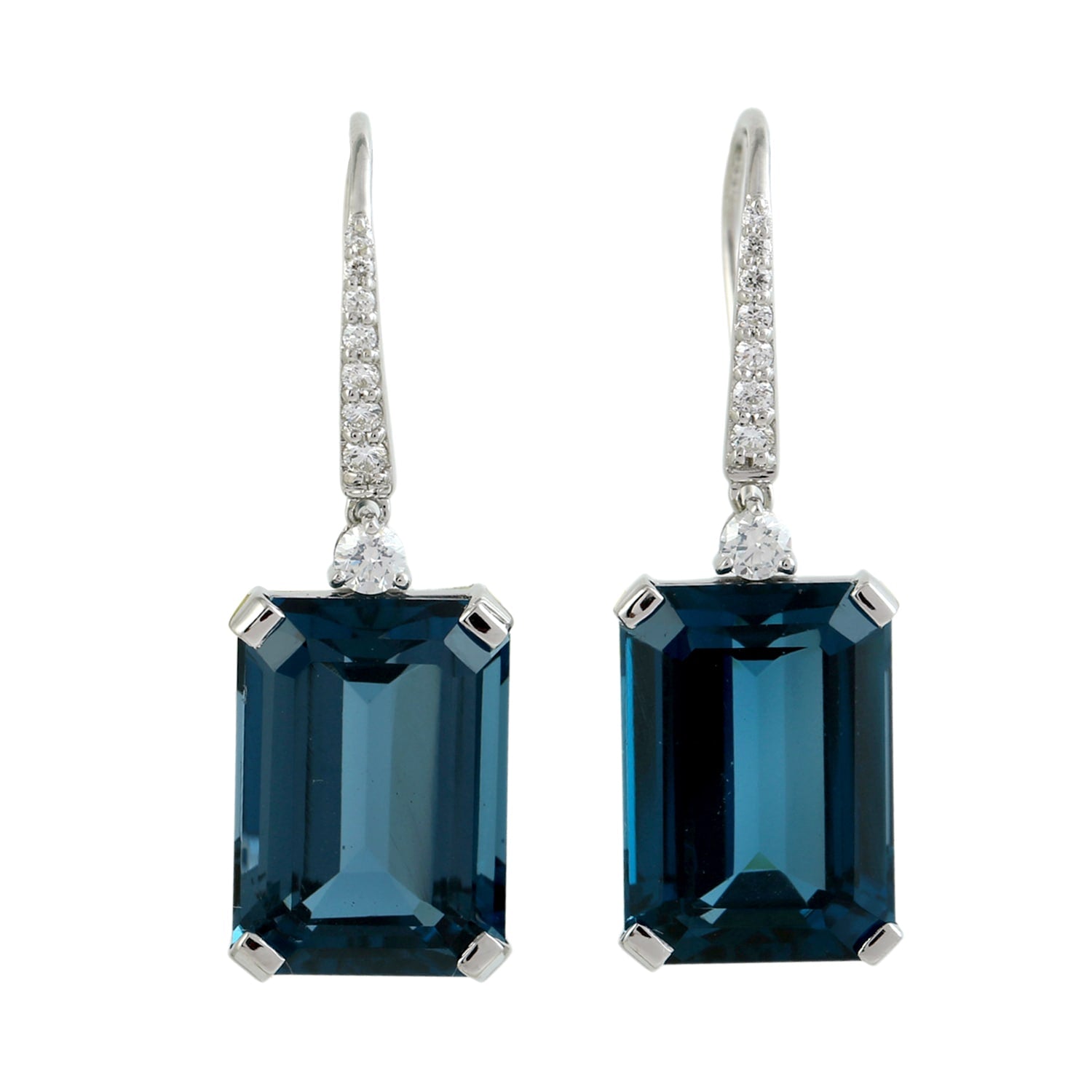 Baguette Cut London Topaz & Diamond Ear Hook Earrings In White Gold