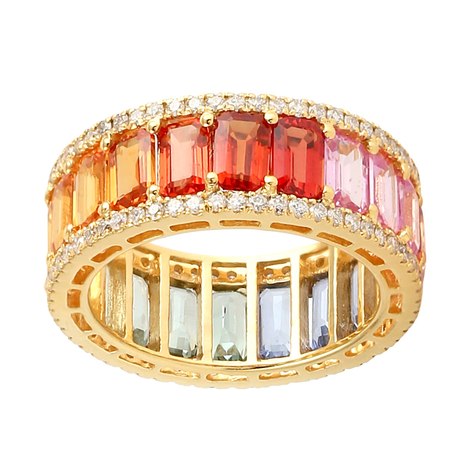 Baguette Cut Multi-Color Sapphire & Pave Diamond Eternity Band Ring In 18Kt Gold