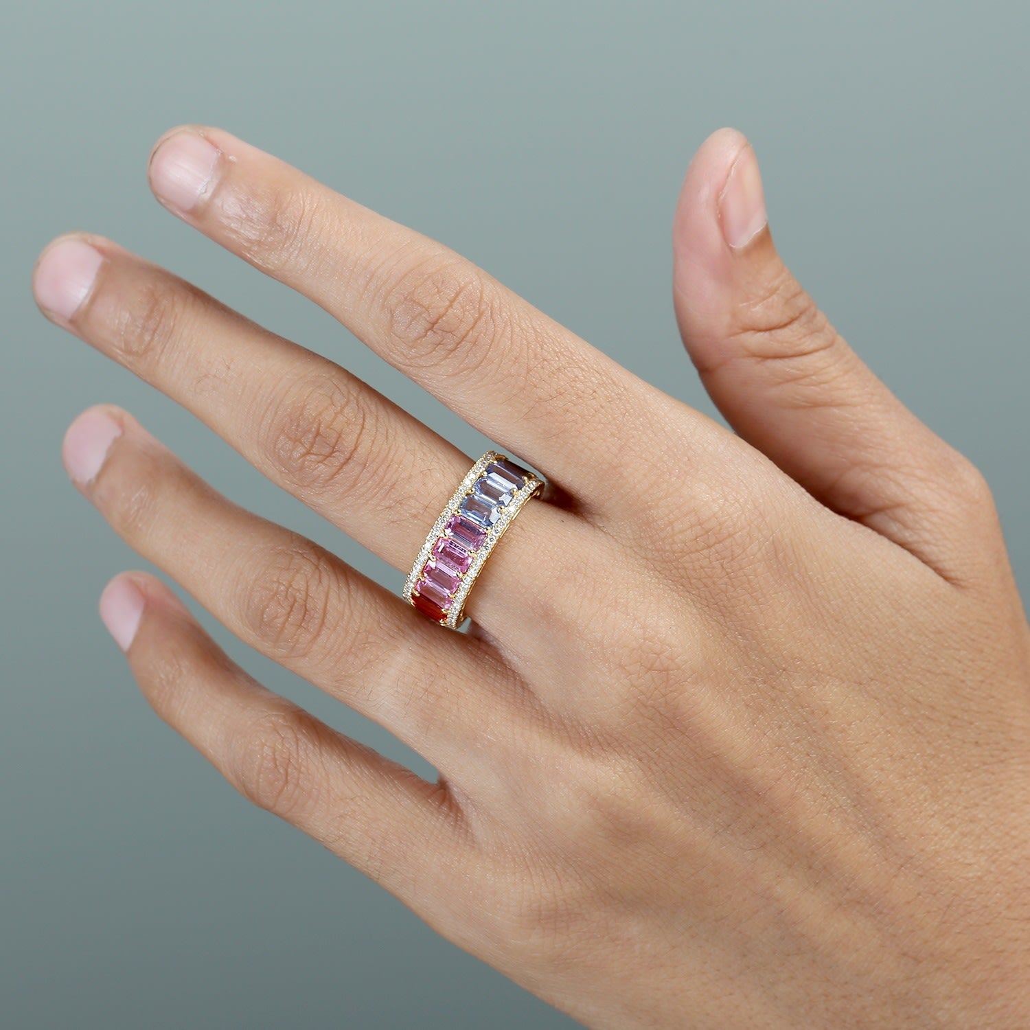Baguette Cut Multi-Color Sapphire & Pave Diamond Eternity Band Ring In 18Kt Gold