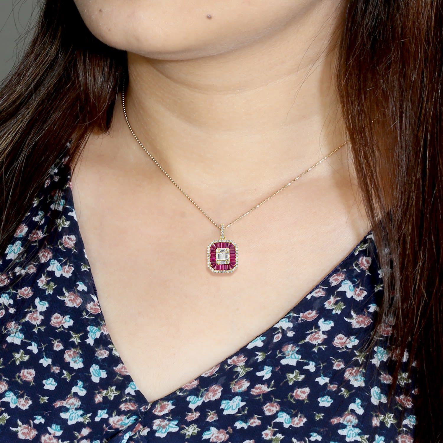 18K Yellow Gold Ruby & Diamond Baguette Halo Pendant Necklace