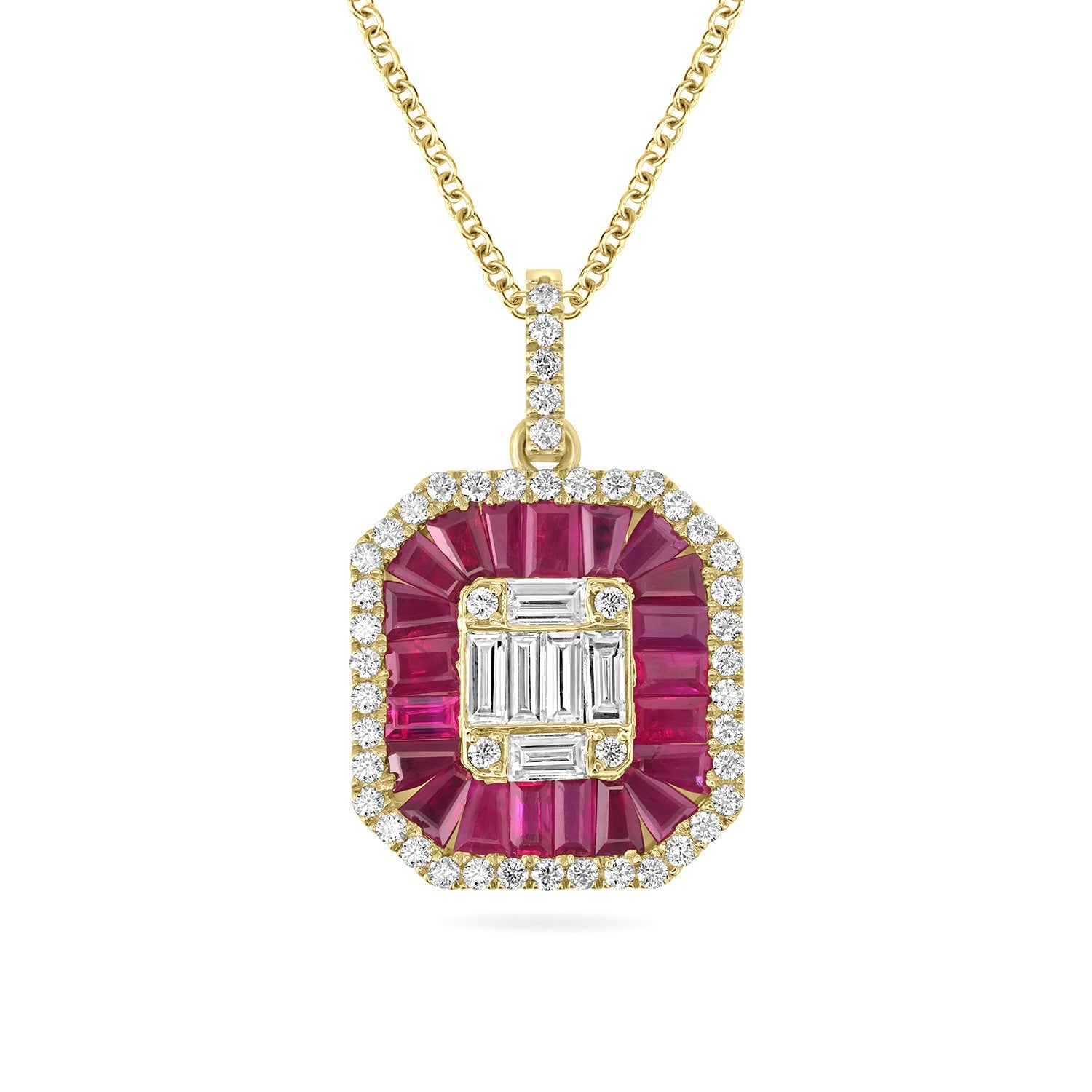 18K Yellow Gold Ruby & Diamond Baguette Halo Pendant Necklace