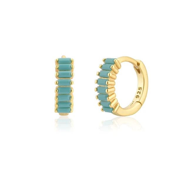 Baguette Cut Turquoise Huggies Earrings
