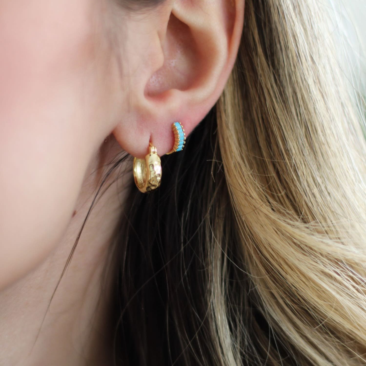 Baguette Cut Turquoise Huggies Earrings
