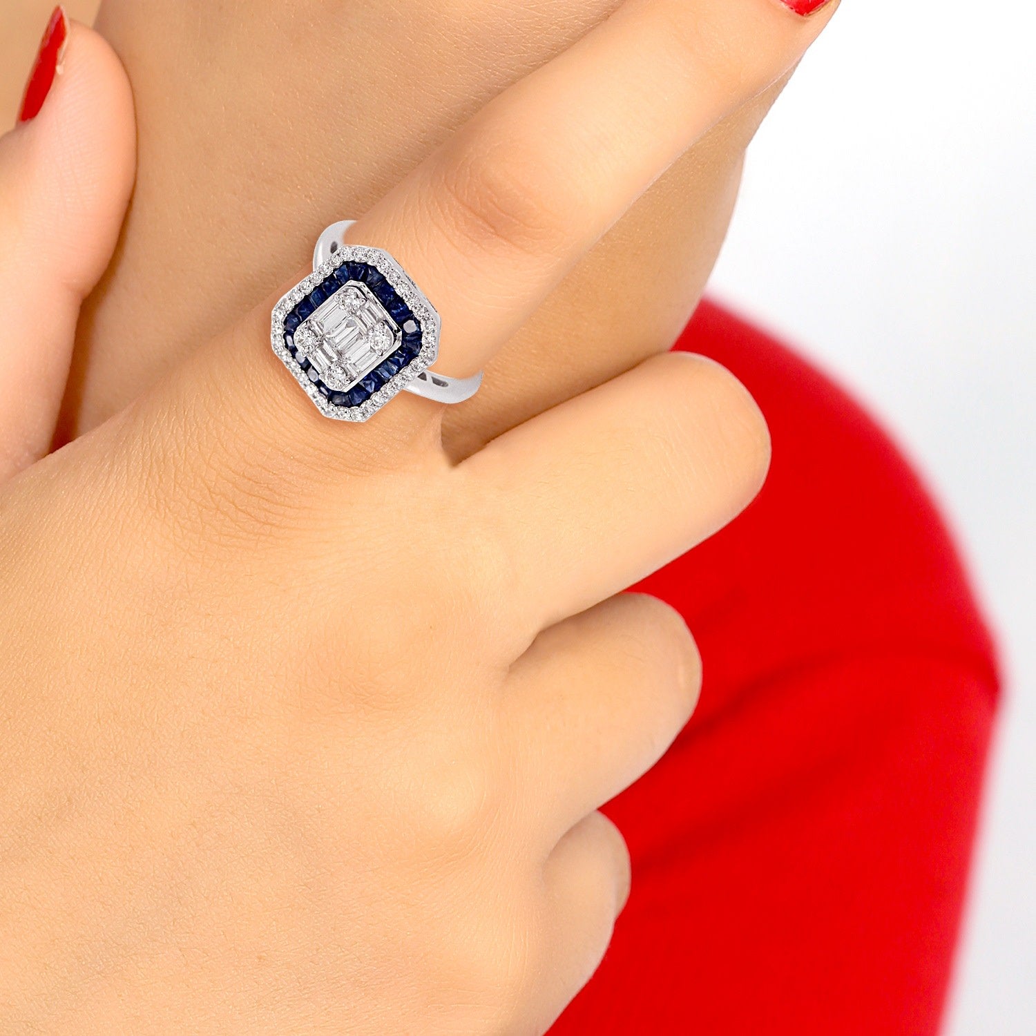 Natural Blue Sapphire & Diamond Cocktail Ring In 18K White Gold