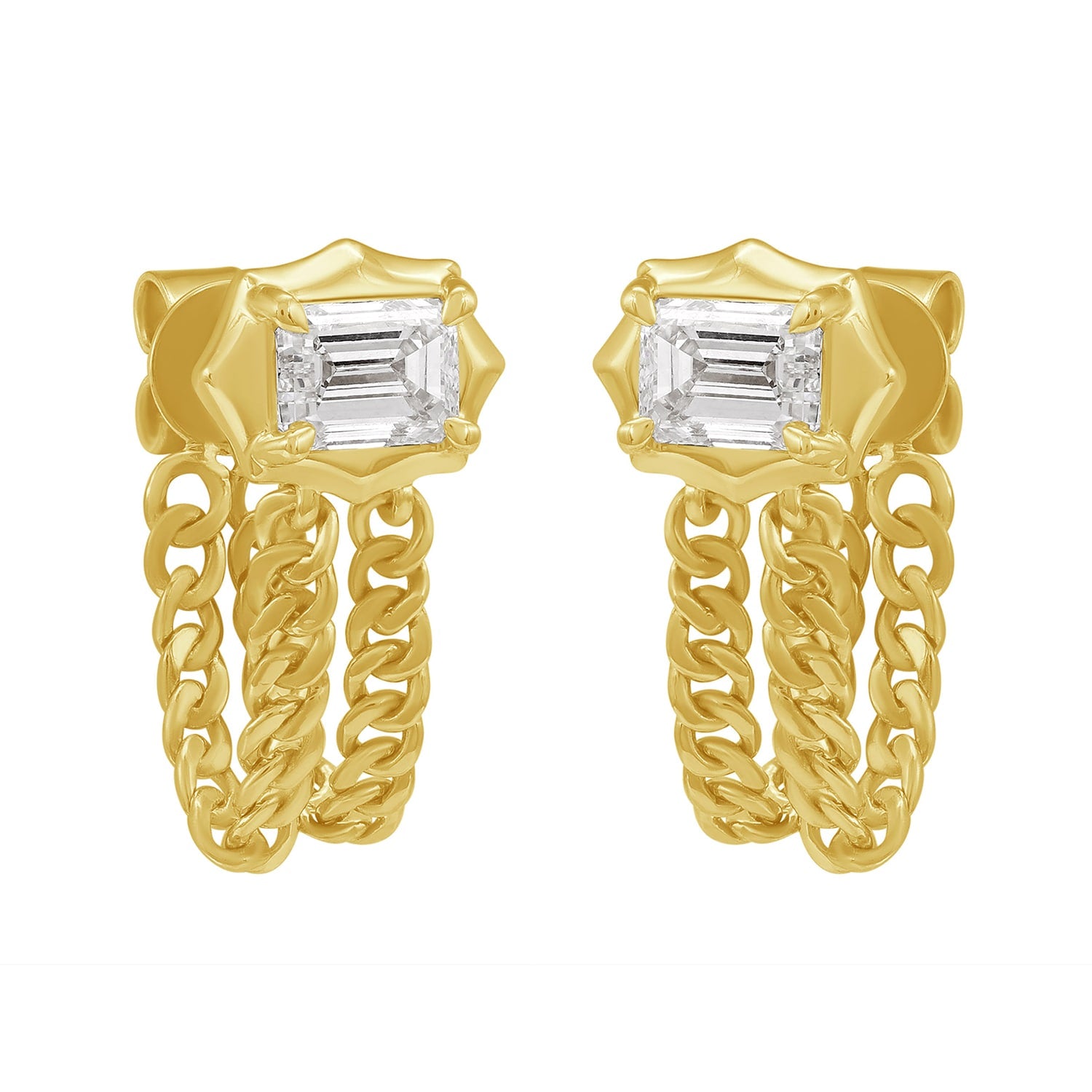 Baguette Diamond Chain Ear Thread Earrings In Yellow Gold