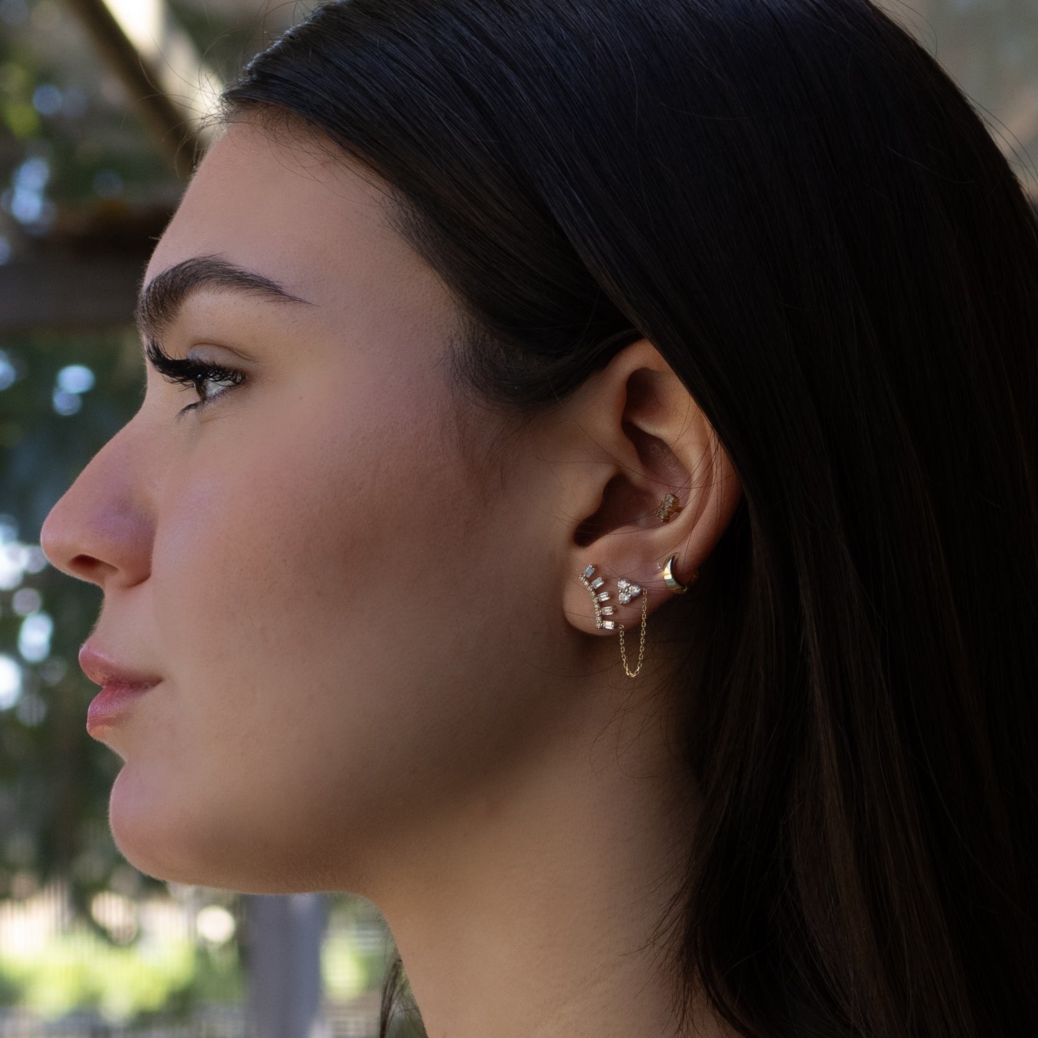 Baguette Diamond Double Stud Chain Gold Earrings - Gold