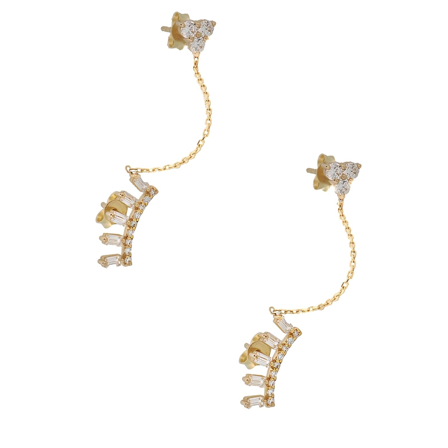 Baguette Diamond Double Stud Chain Gold Earrings - Gold