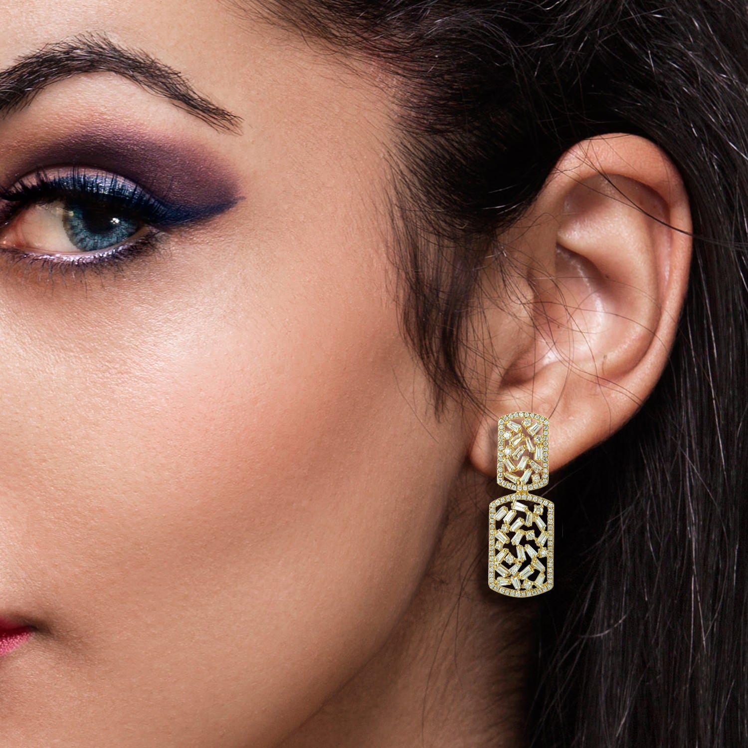 Baguette Diamond Ear Jacket Earrings In 18K Yellow Gold