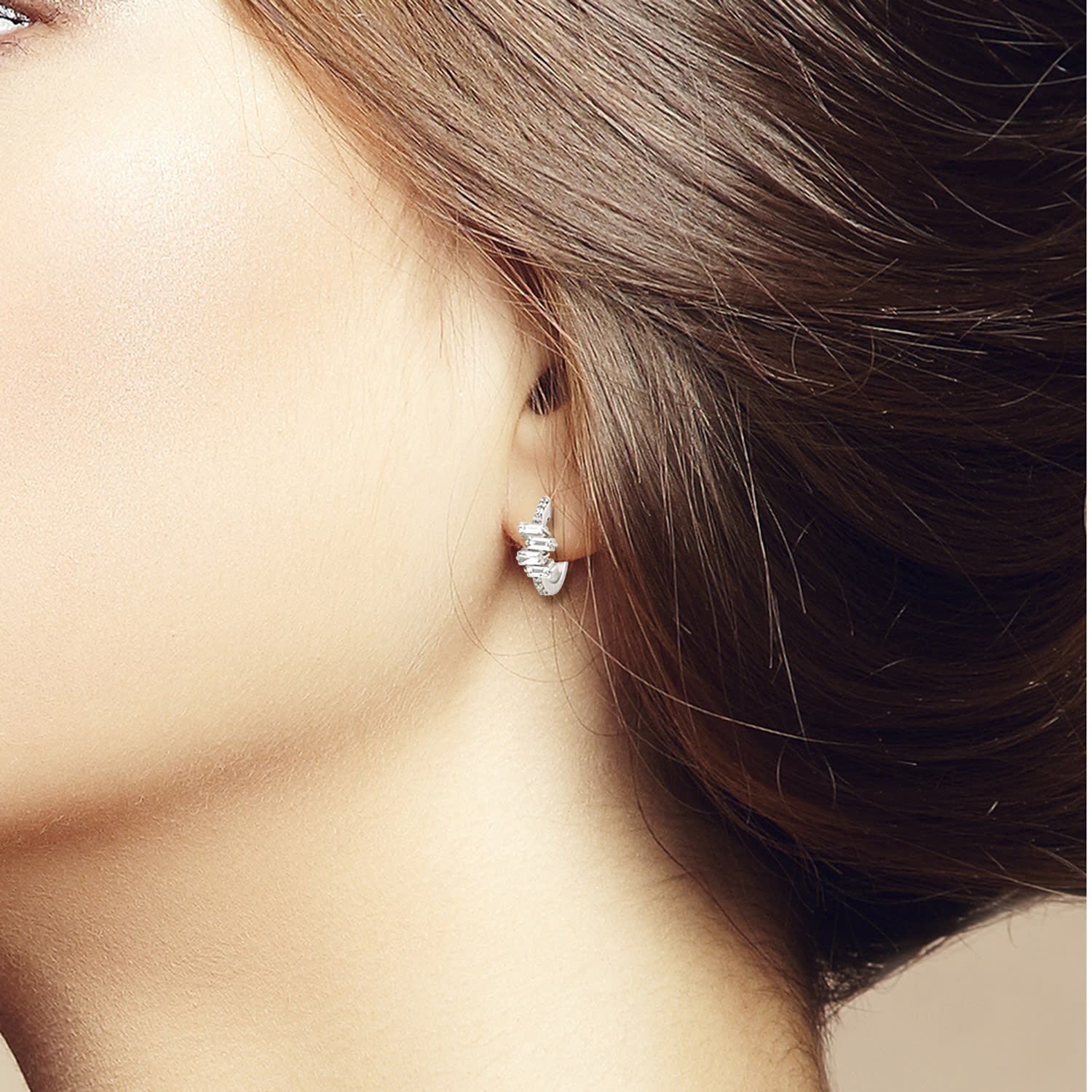 Baguette Diamond Huggie Earrings In 18K White Gold