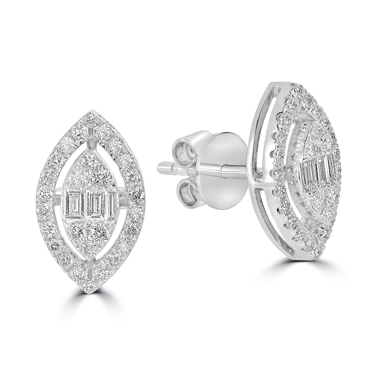Baguette Diamond Marquise Stud Earrings In White Gold