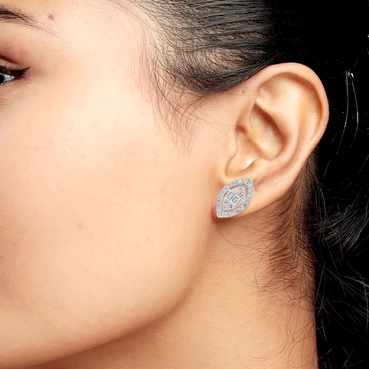 Baguette Diamond Marquise Stud Earrings In White Gold