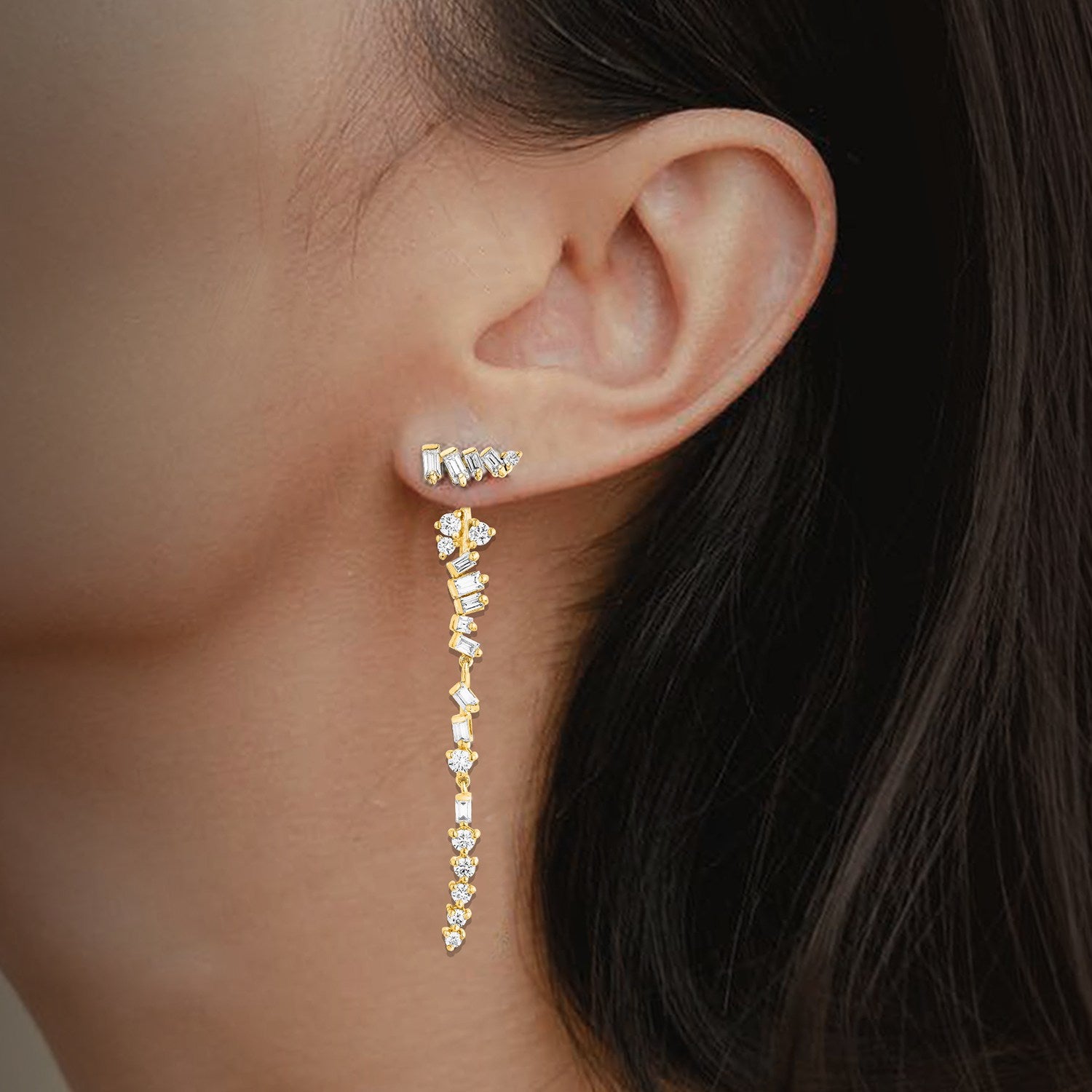 Baguette Drop Earrings With Man Made Cz Diamond Stimulant In Sterling Silver & 18K Gold Vermeil