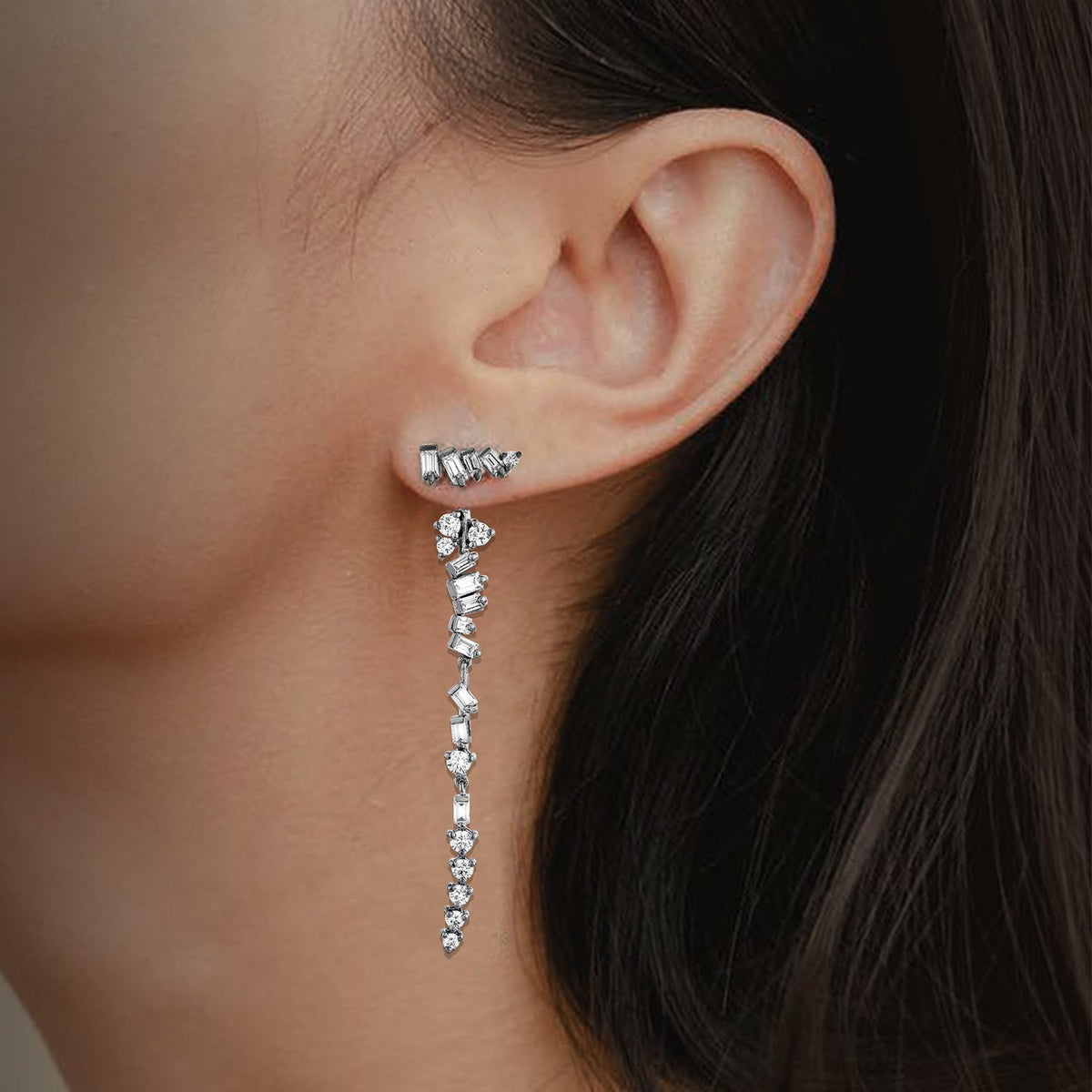 Baguette Drop Earrings With Man Made Cz Diamond Stimulant In Sterling Silver & Premium Black Rhodium