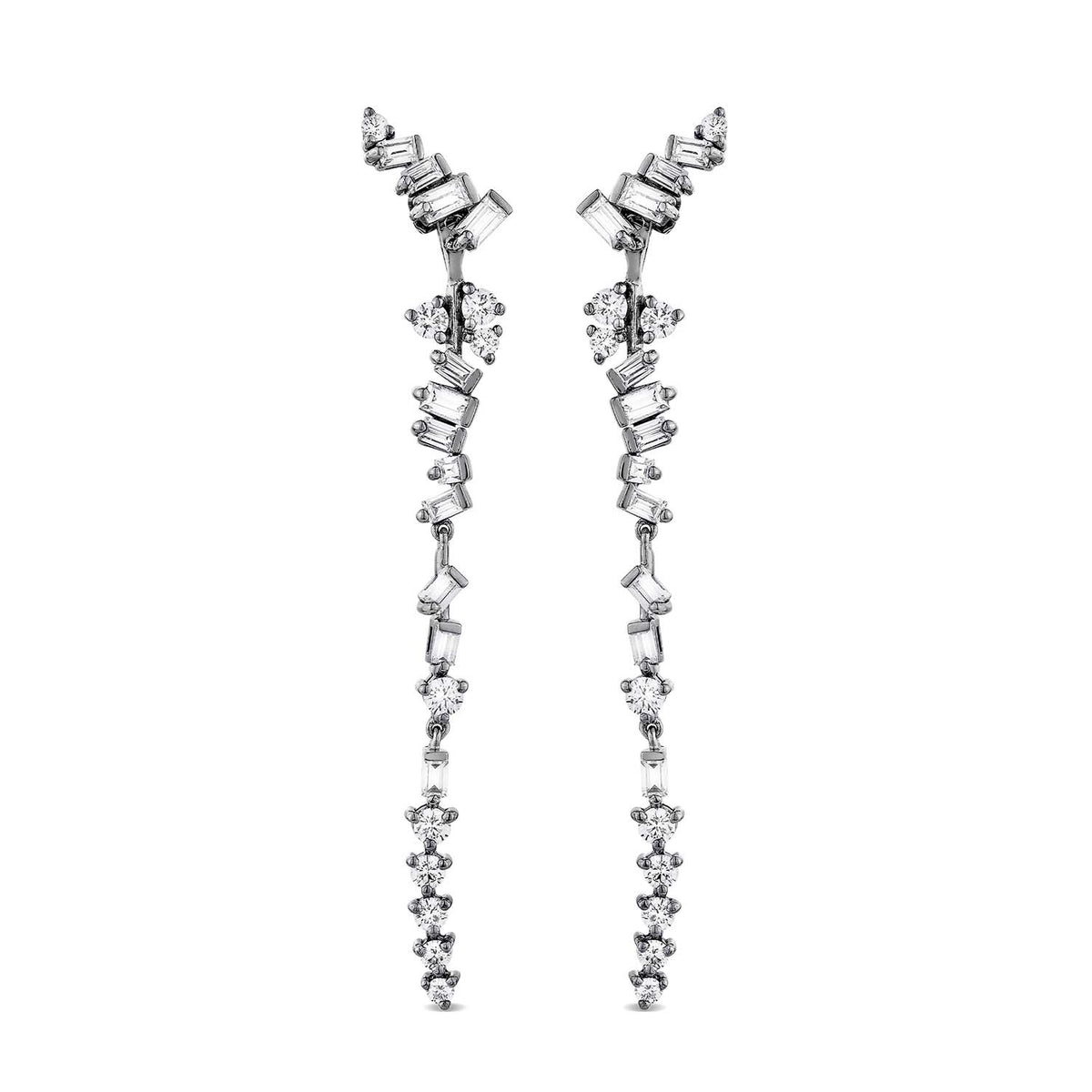 Baguette Drop Earrings With Man Made Cz Diamond Stimulant In Sterling Silver & Premium Black Rhodium