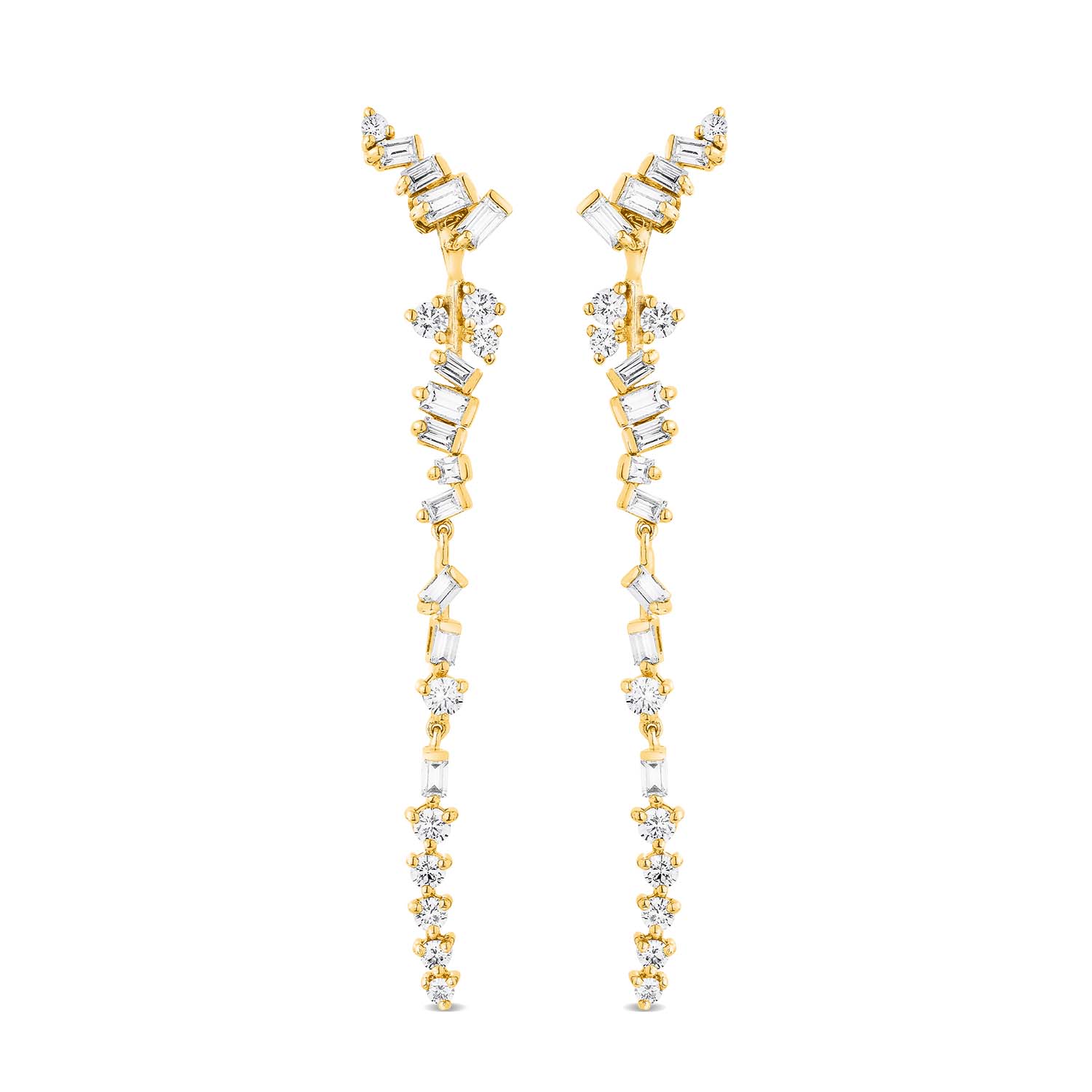 Baguette Drop Earrings With Man Made Cz Diamond Stimulant In Sterling Silver & 18K Gold Vermeil