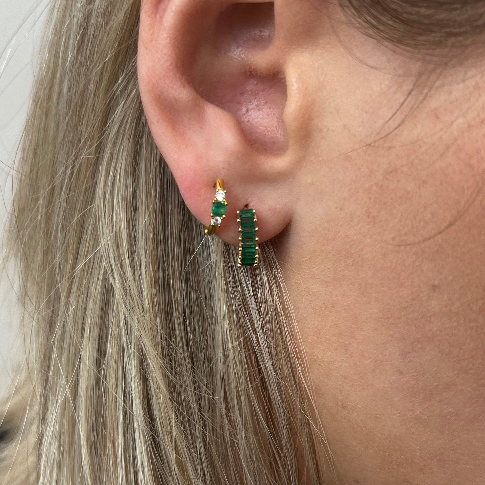 Baguette Cut Green Zirconia Gold Huggie Earrings