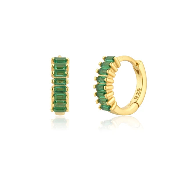 Baguette Cut Green Zirconia Gold Huggie Earrings